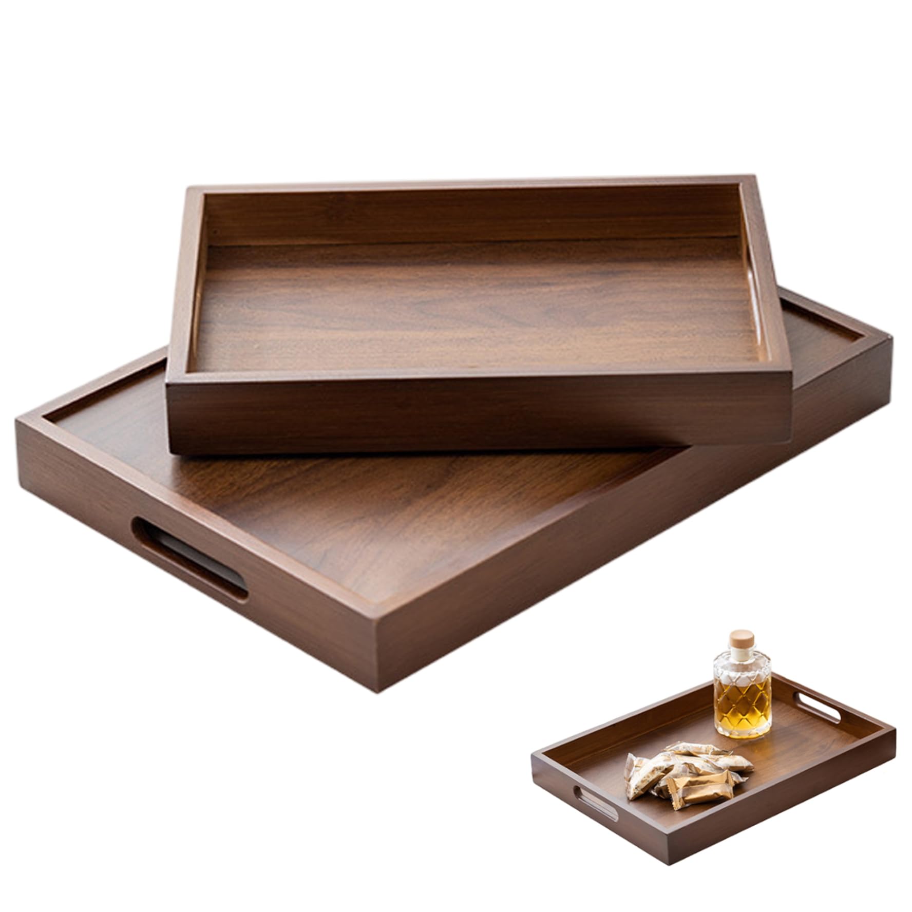 Wooden Tray for Ottoman 2PCS Large Rectangle Walnut Wooden Serving Tray with Handle for Table Organizor & Decor