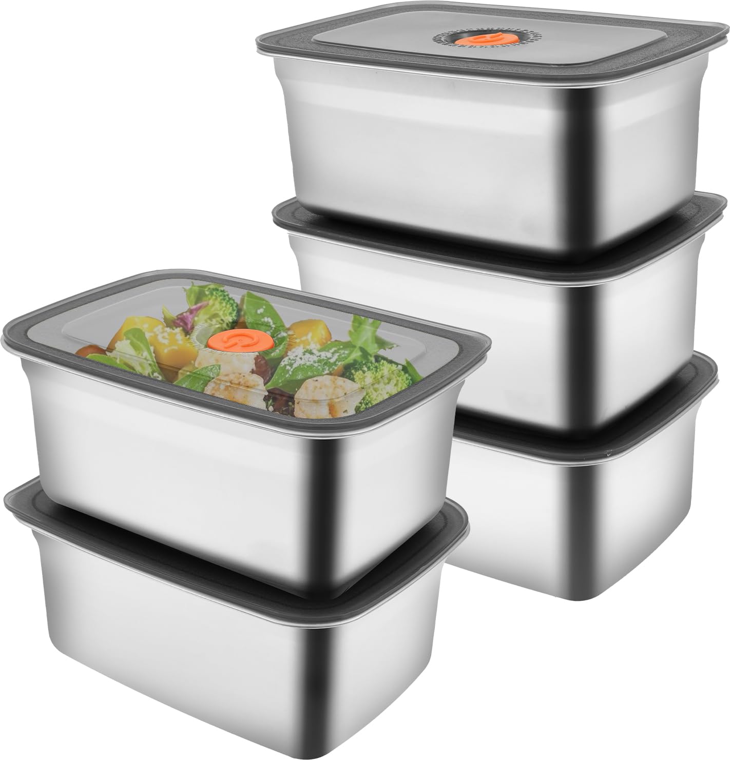 Ghshanog 1500Ml-Black Lid 5Pcs Stainless Steel Meal Prep Containers,Leakproof Food With Plastic Lids,Stackable Meal Box Reusable Lunch Box Fridge Crisper For Lunch,Leftovers,Meat,Vegetable,Salad