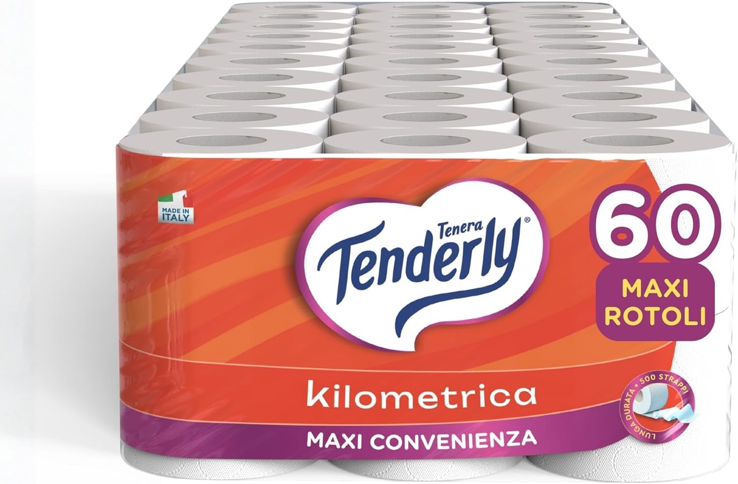 Tenderly Kilométrico, 60 rollos de papel higiénico (15 paquetes de 4 rollos), 2 capas, 500 rollos por rollo, dermatológicamente probado, fabricado en Italia