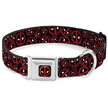 Buckle-Down DC-WDP032-L Seatbelt Dog Collar, Large, Deadpool Splatter Logo Scattered Black/Red/White