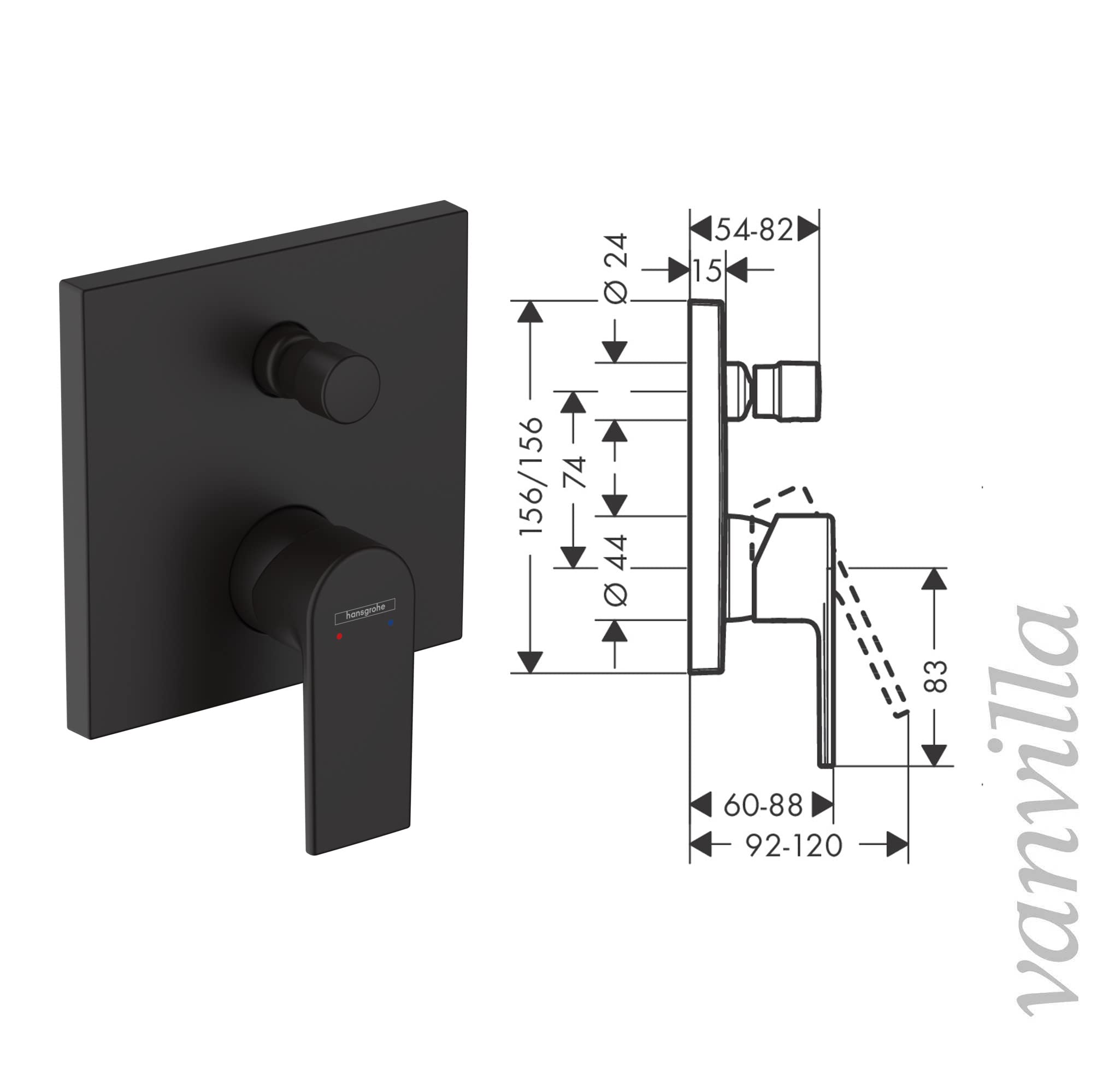 vanvilla Duschsystem mit Unterputz Duscharmatur von Hansgrohe Einhebelmischer und vanvilla Regendusche mit Armatur, Duschkopf eckig, Dusch-SET HGS07-ob schwarz matt beschichtet