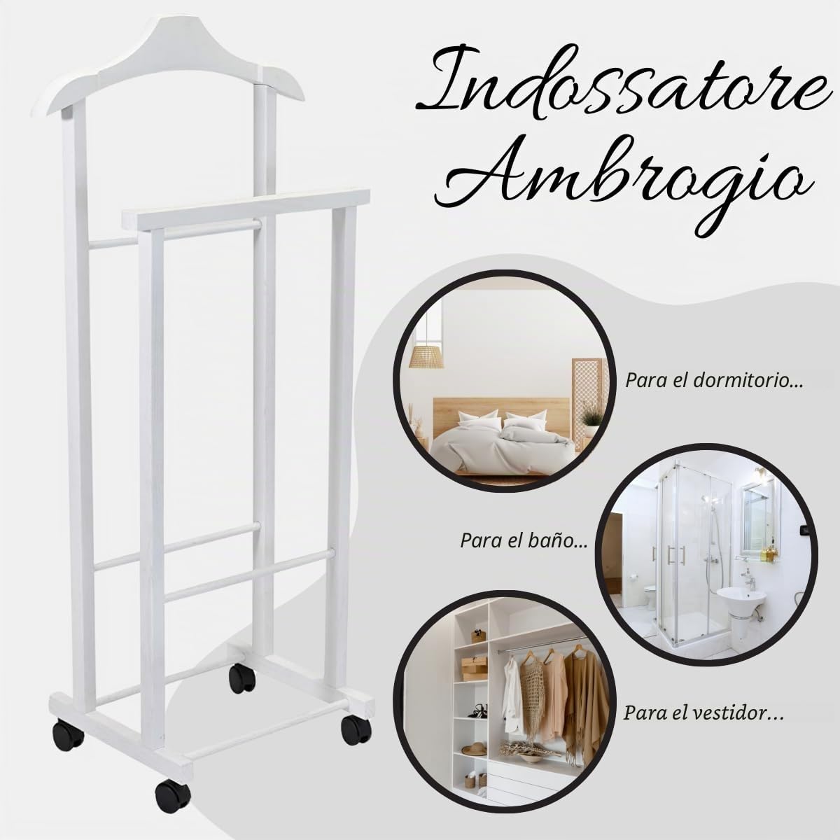 Tomaino - Galán de noche Ambrogio de madera de haya – Perchero de dormitorio multifuncional que ahorra espacio – Galán de dormitorio para ropa y accesorios – Blanco