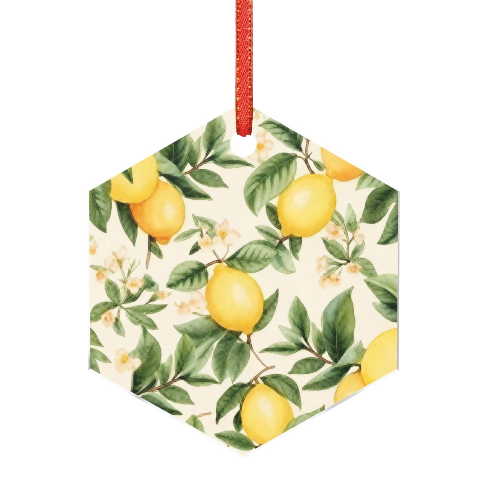 Acrylic Ornament Christmas Tree Decoration Clear Round Pendant with Red Ribbon Lemons and lemon leaves Christmas Ornaments Indoor Outdoor Hanging Acrylic Pendants for Xmas Party Decor