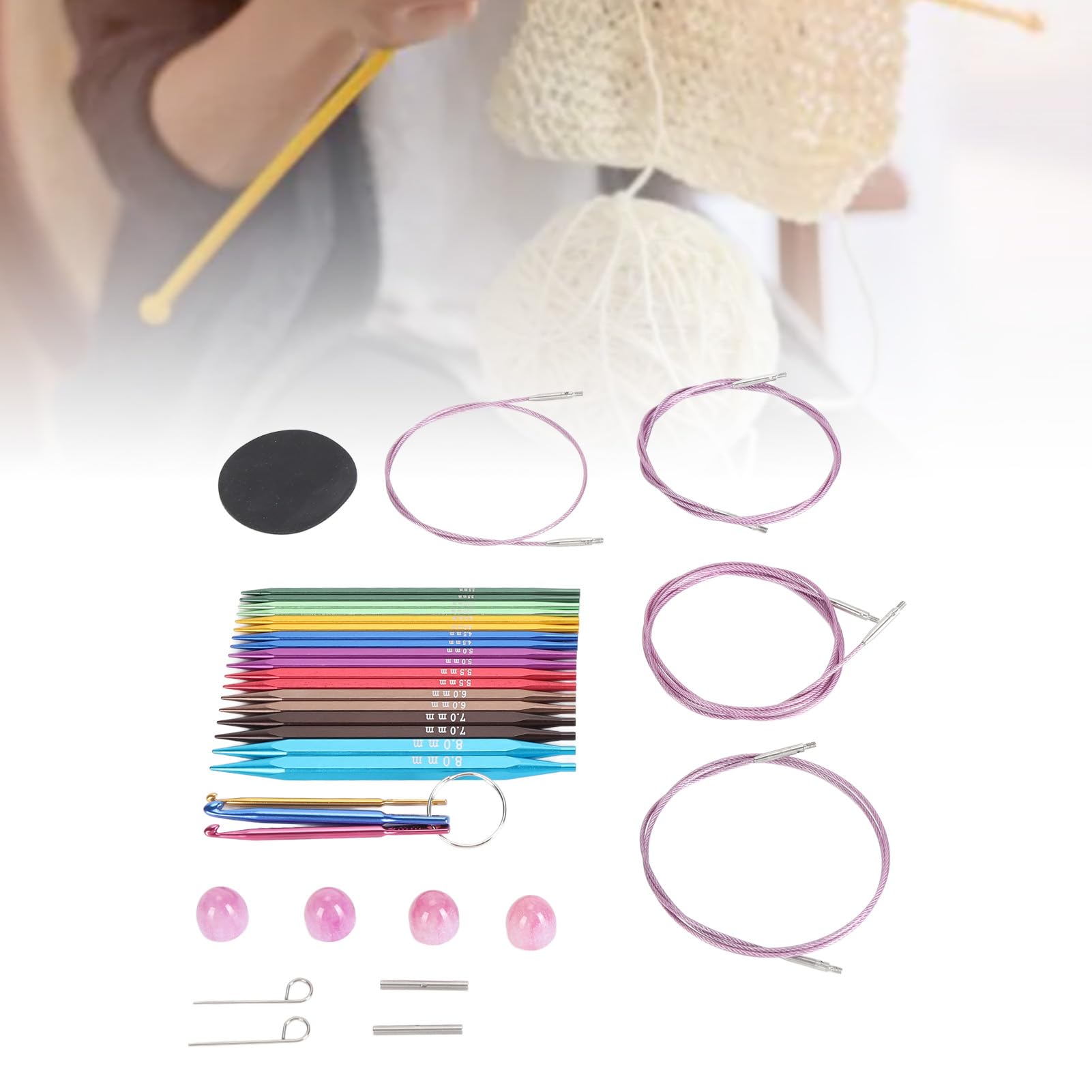 Circular Knitting Needles Set, 9 Pairs Ergonomic Aluminum Square Tips with Flexible Cables for Small DIY Hand Knitting Projects, Various Sizes for Crafters, Beginners, and Enthusiasts