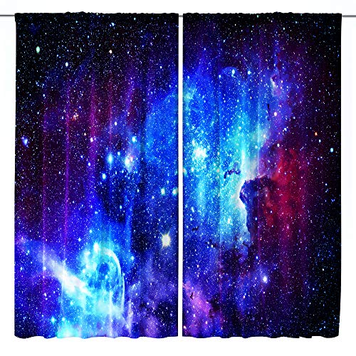 Riyidecor Galaxy Outer Space Nebula Curtains (2 Panels 42 X 63 Inch) Blue Rod Pocket Universe Planets Boys Fantasy Starry Black Art Printed Living Room Bedroom Window Drapes Treatment Fabric Ww-Clle #TOP2