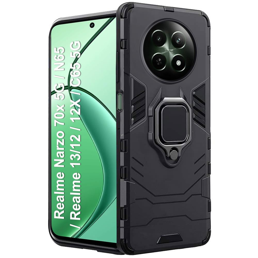 TheGiftKart Tough Armor Bumper Back Case Cover for Realme Narzo 70x 5G / N65 / Realme 13/12 / 12X 5G / C65 5G | Ring Holder & Kickstand in-Built | 360 Degree Protection Back Cover (PC & TPU, Black) (B0D1KS87L4) Amazon Price History, Amazon Price Tracker