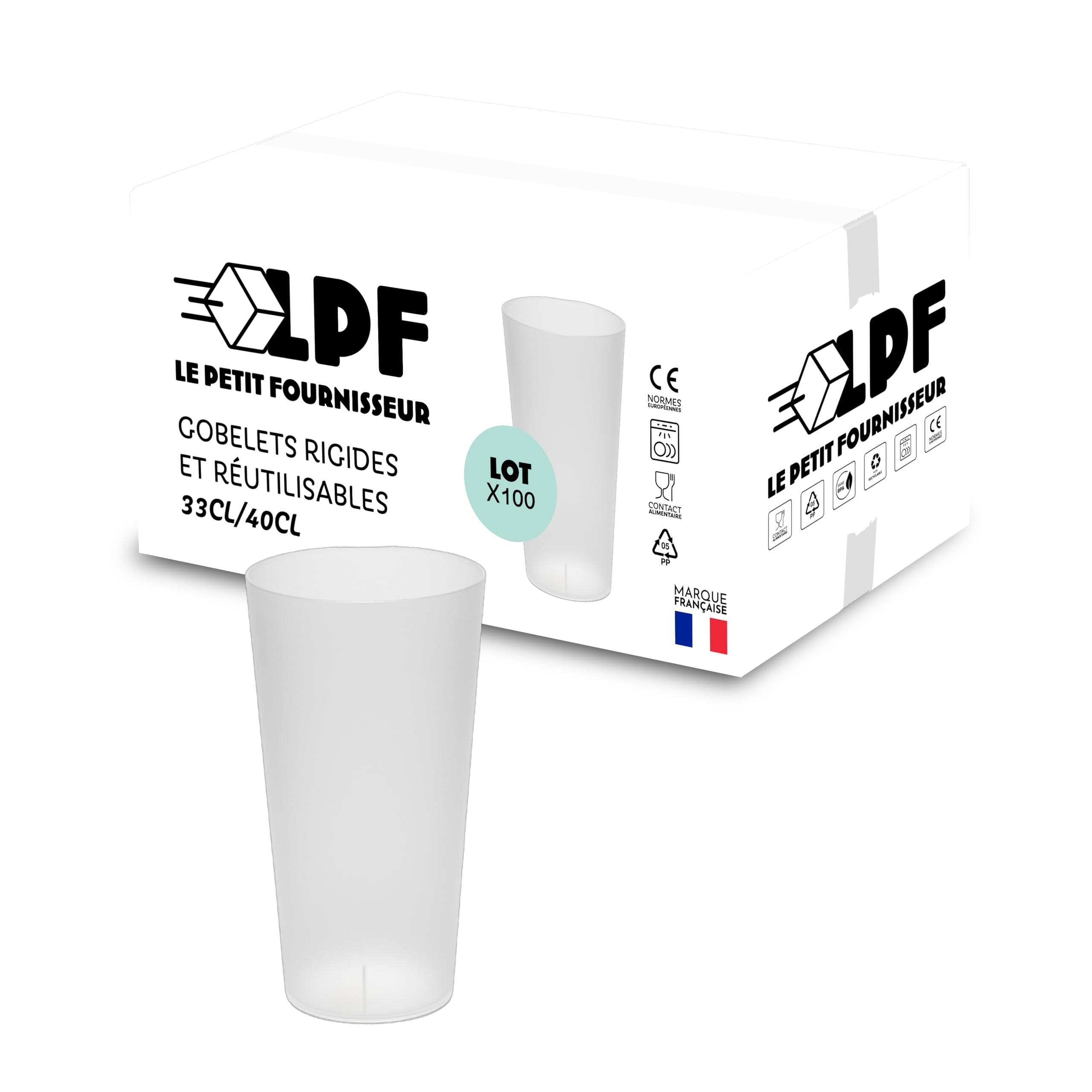 LPF LE PETIT FOURNISSEUR - Lot de 100 Gobelets réutilisables 33cl (40cl à ras-bord) - Polypropylène Incassable - Gobelets plastique alimentaire rigide à eau - Compatible lave-vaisselle - Couleur Givré
