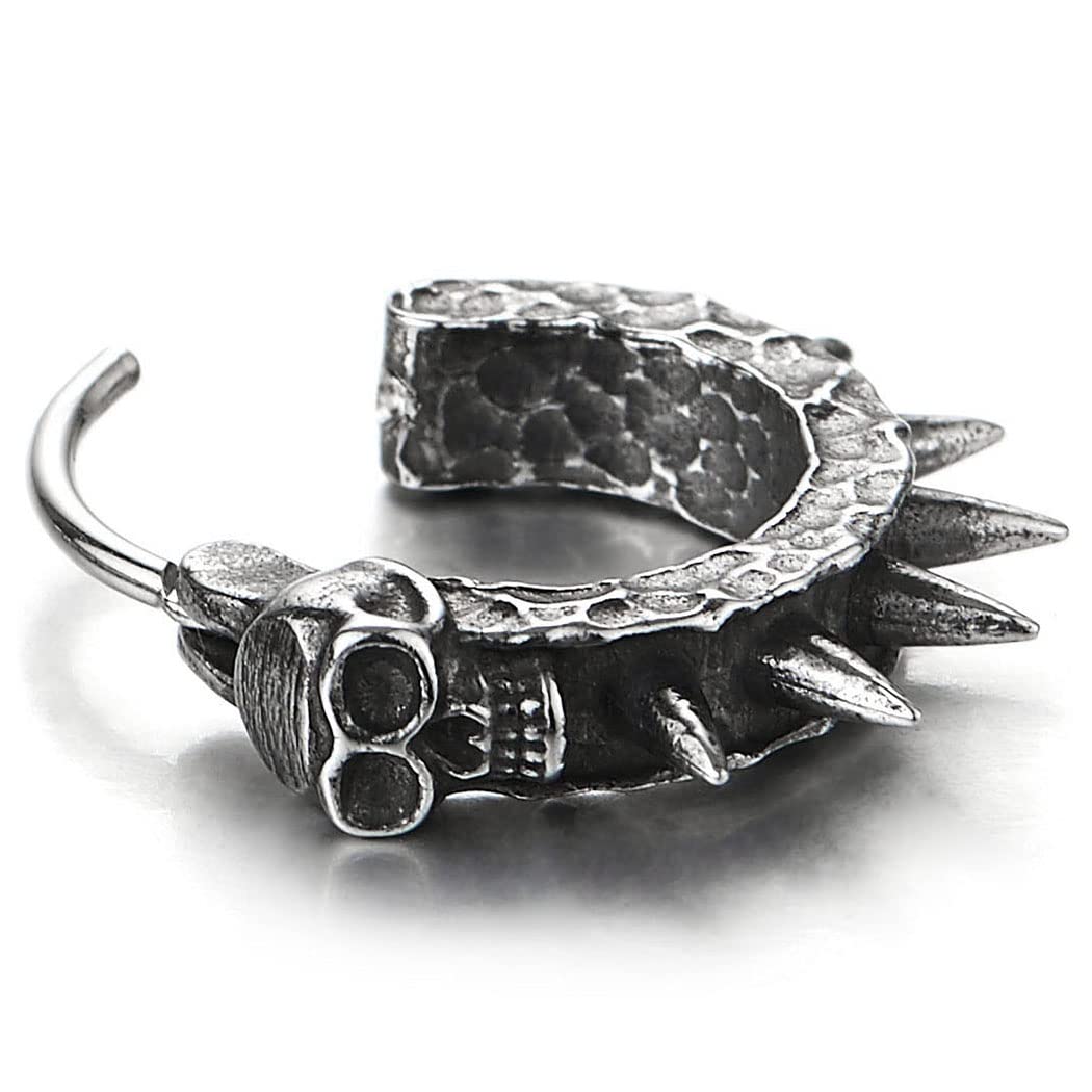Aretes de aro de acero inoxidable con forma de calavera y forma de aro con bisagras, para hombres y mujeres, 1 par, Acero inoxidable 3