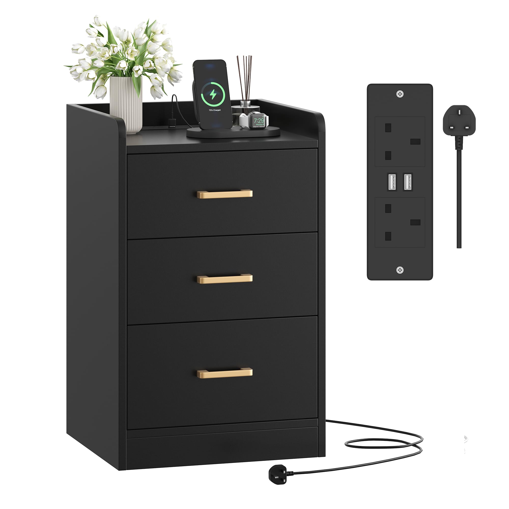 FirFurd Bedside Table with 2 AC Outlets and 2 USB Ports for Bedroom Black โ image 1
