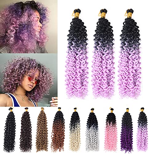Crochet Curly Hair Extension Black to Light Purple Water Wave Crochet Hair Curly Braiding Hair Curly Crochet Hair For Black Women Marlybob Crochet Hair (14 Inch 3PCS Black to Light Purple)