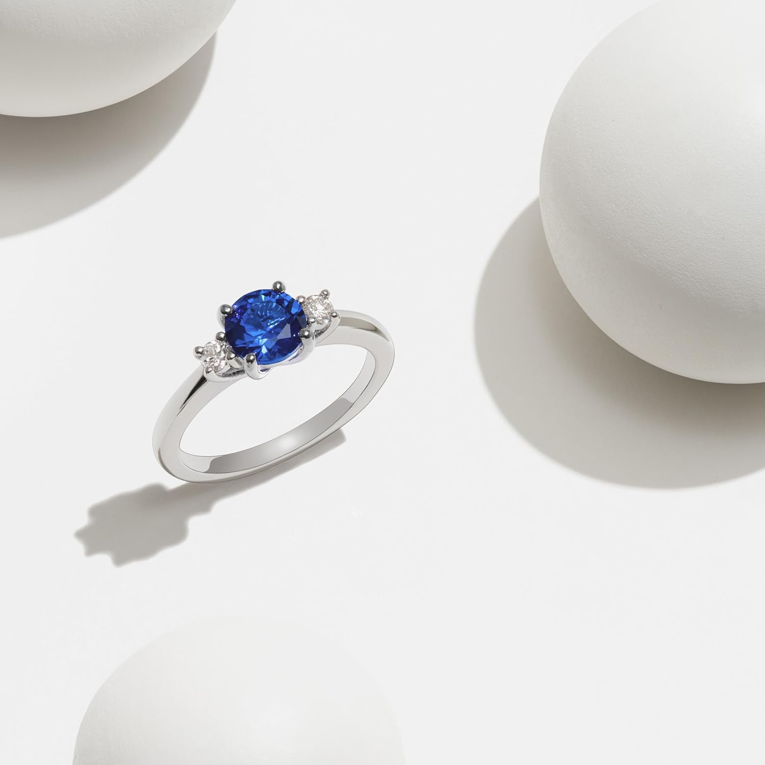 Amazon Collection Created Gemstone and 1/8th CT TW Lab Grown Diamond 3-Stone Ring in Platinum Over Sterling Silver