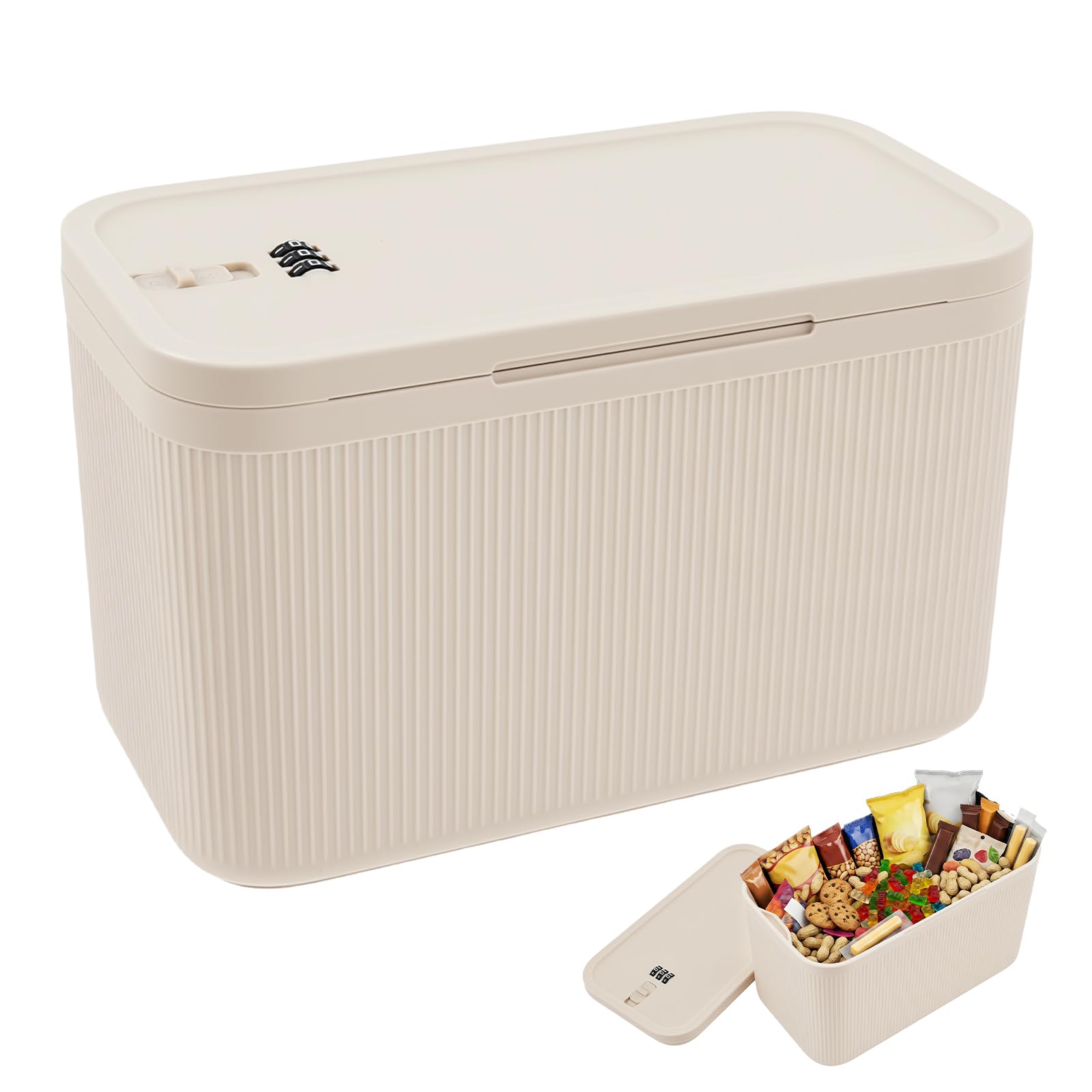 QINGLANG Lockable Storage Box with Combination Code Secure Medicine Safe, Phone Jail, Snack Box Food Safe Locking Boxs for Home, Fridge, Office, Or Travel (Large Beige)