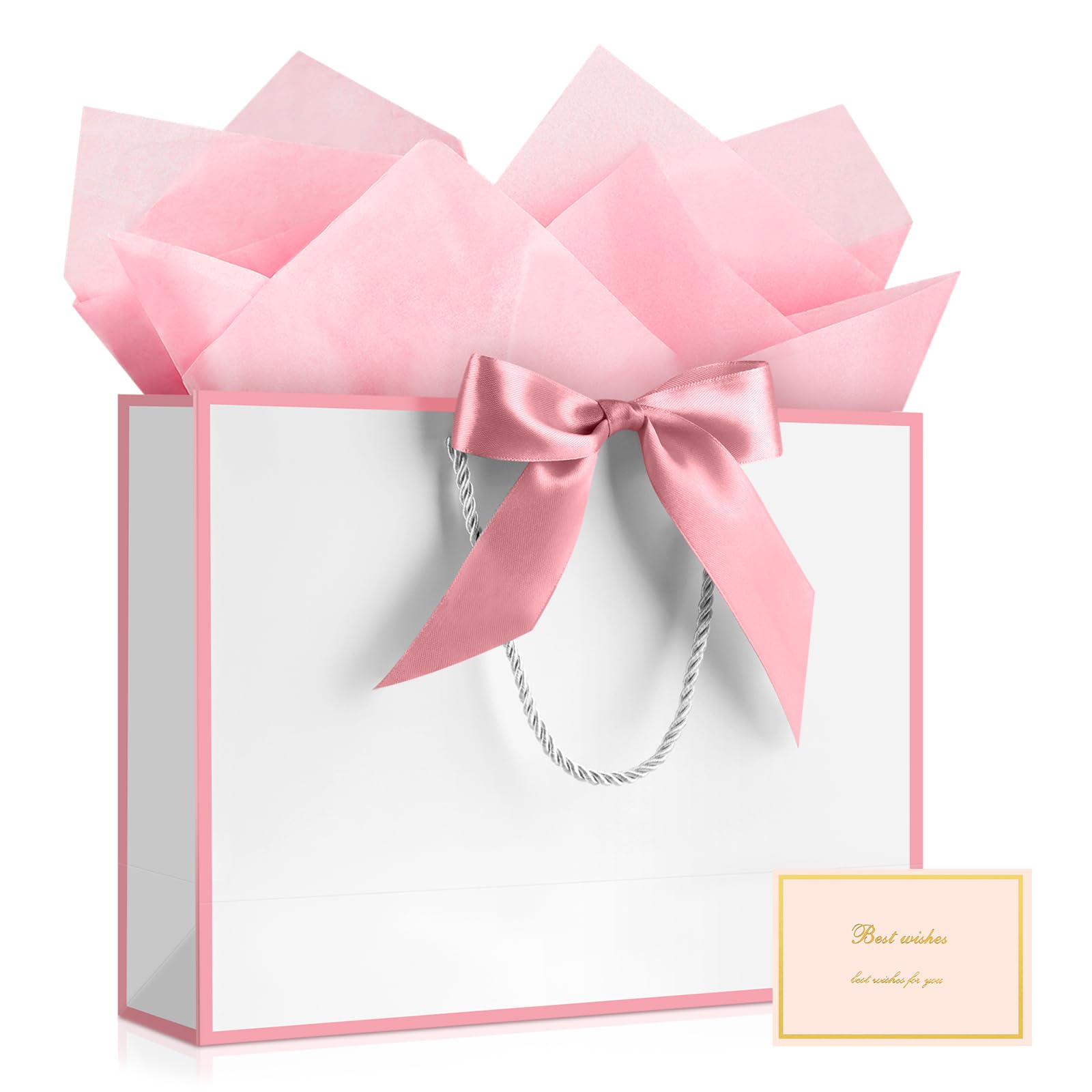 YoungTree 1PCS Large Gift Bag with Ribbon and 1 Greeting Card 2 Tissue Papers,Paper Gift Bag with Handles, Birthday Gift Bags,Present Bags for Wedding Party,Mothers Day.12.6" x 9.8" x 4.3"pink white — image 1