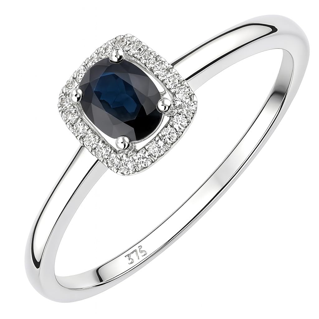 Naava Women's 9 ct White Gold Round Sapphire and Diamond Oval Ring