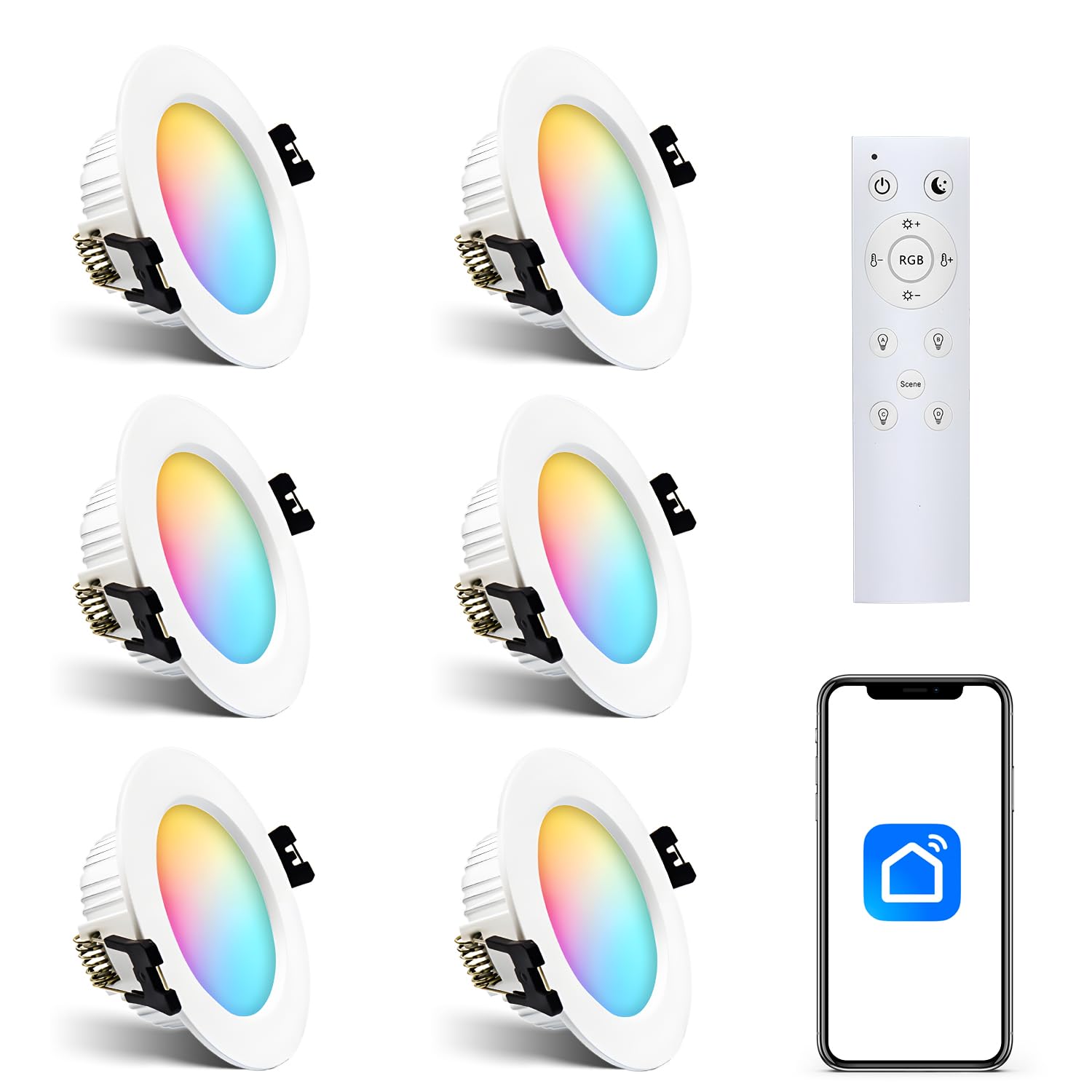 Arotelicht LED Einbaustrahler 7W RGBW Bluetooth 6pcs, led Deckenleuchte mit fernbedienung Dimmbar Deckenstrahler Deckenspots 2700K-6500K für Wohnzimmer, Schlafzimmer, Küche, KTV, Bars