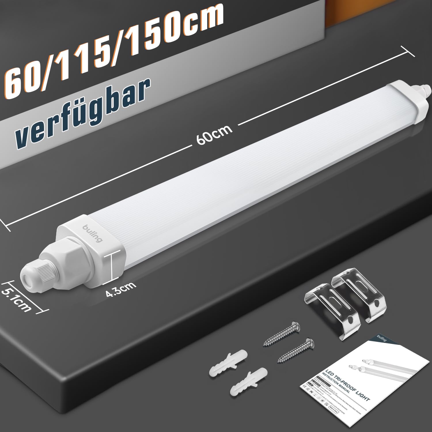 buling Neon LED 60CM 18W 1800LM 4000K Blanc Neutre Lampe Garage, IP65 Imperméable Reglette LED Tube pour Exterieur Intérieur Atelier,Cave,Bureau,Grand Magasin,Couloir