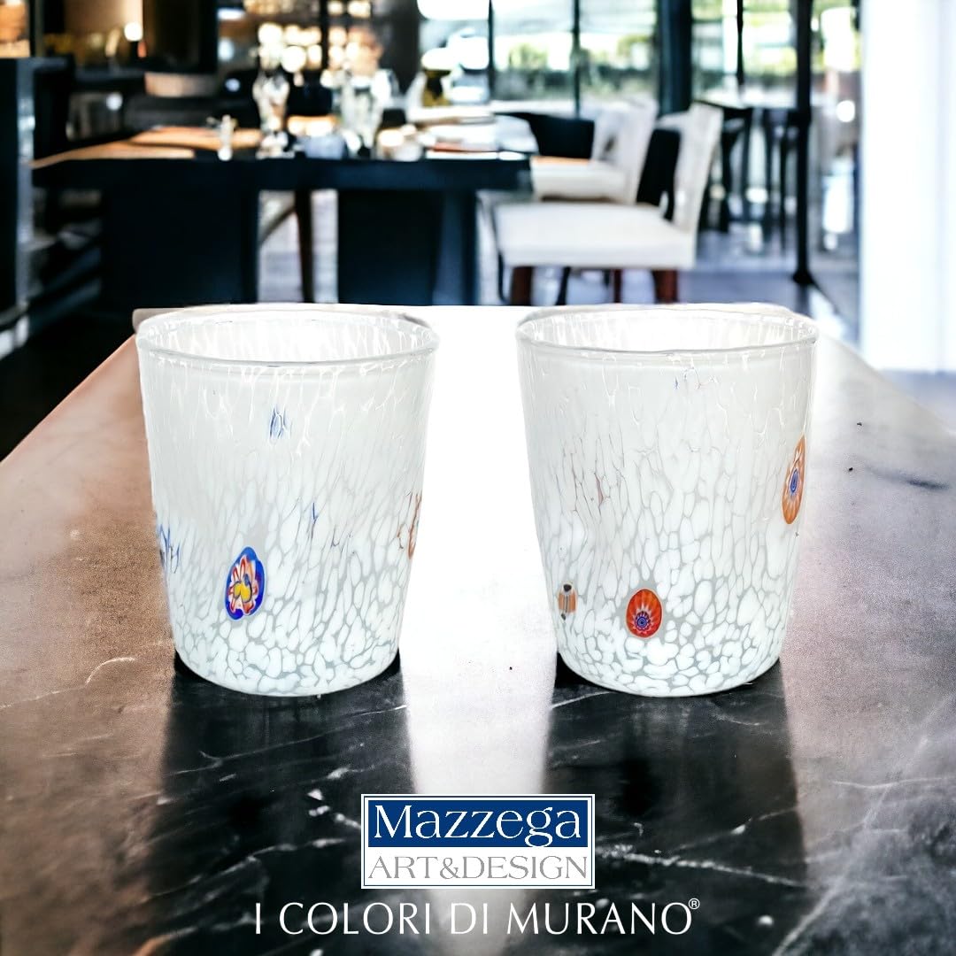 MAZZEGA ART & DESIGN - 6 Bicchieri Tumbler Bianco in Vetro Soffiati e Lavorati a Mano con Murrine di Murano, linea “I Colori di Murano” 350 ml. Made in Italy (Bianco, 6)