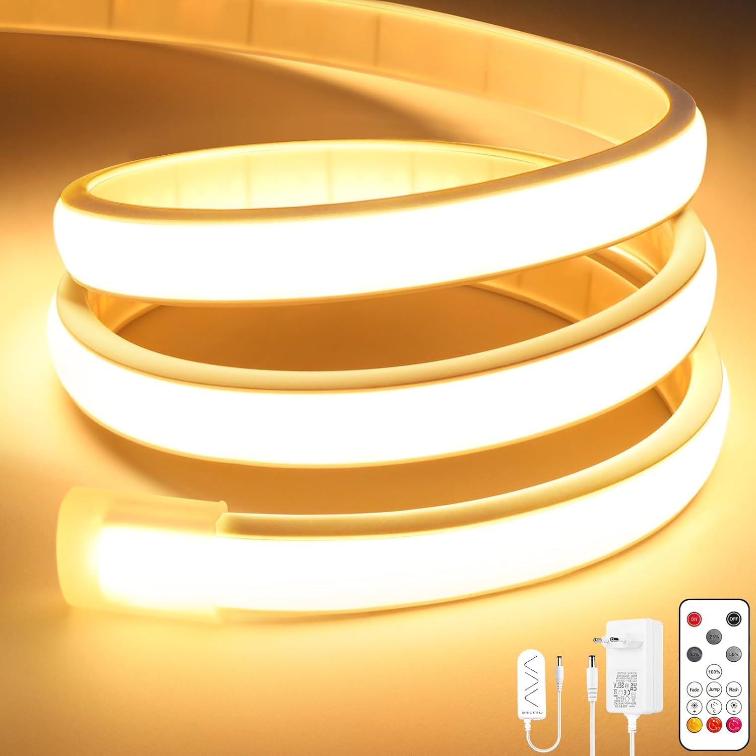 Lamomo Ruban LED COB, Blanc chaud 3M Bandeau Led avec télécommande, 3000K, Largeur 10mm, Dimmable, Silicone, Découpable, IP65 étanche, Flexible, 24V Néon Strip pour Décoration maison, Cuisine, Chambre