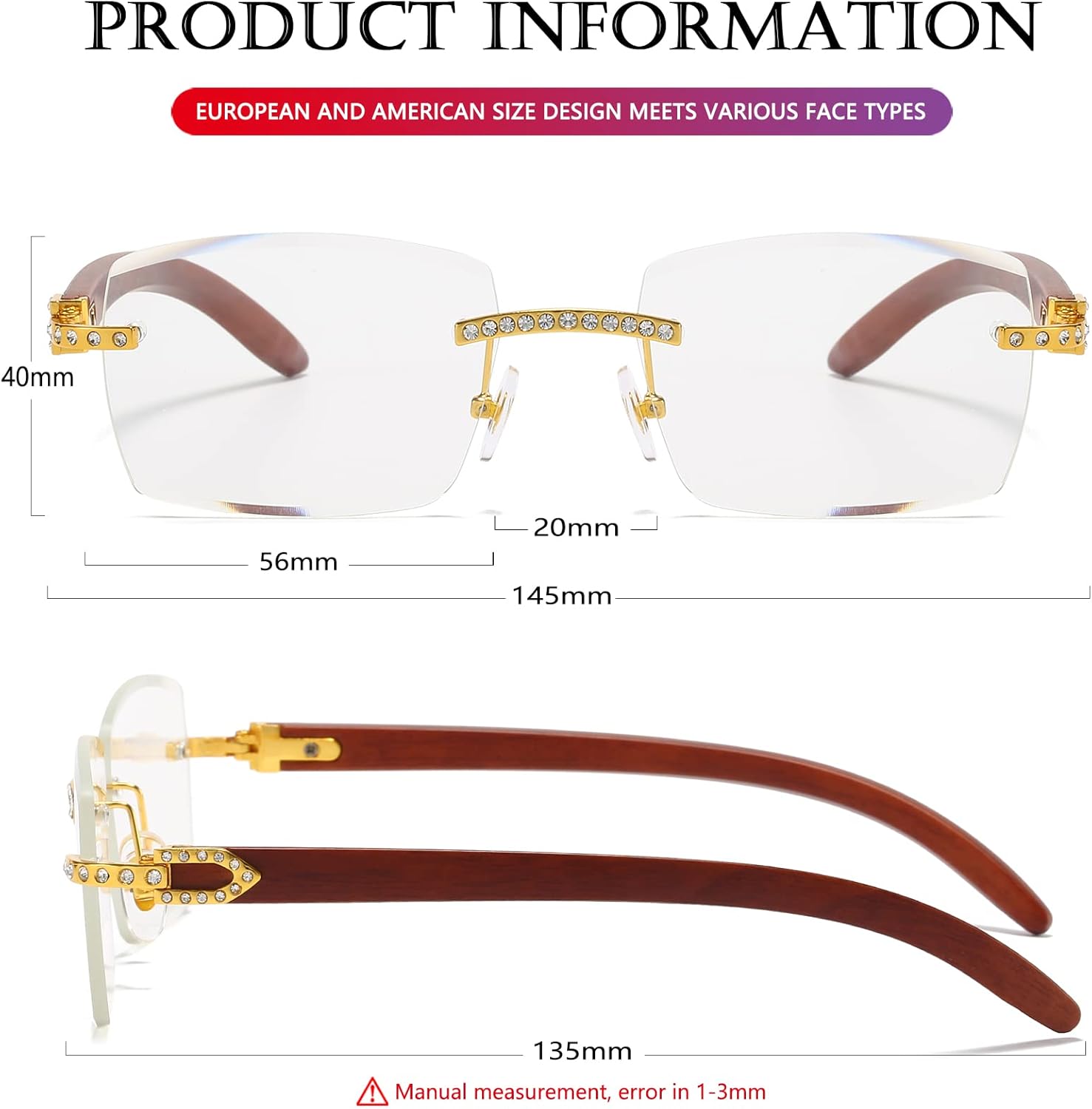 Miniatura 6 de AIEYEZO Gafas de sol rectangulares sin montura vintage a la moda con diamantes de cristal gafas de sol cuadradas retro sin marco