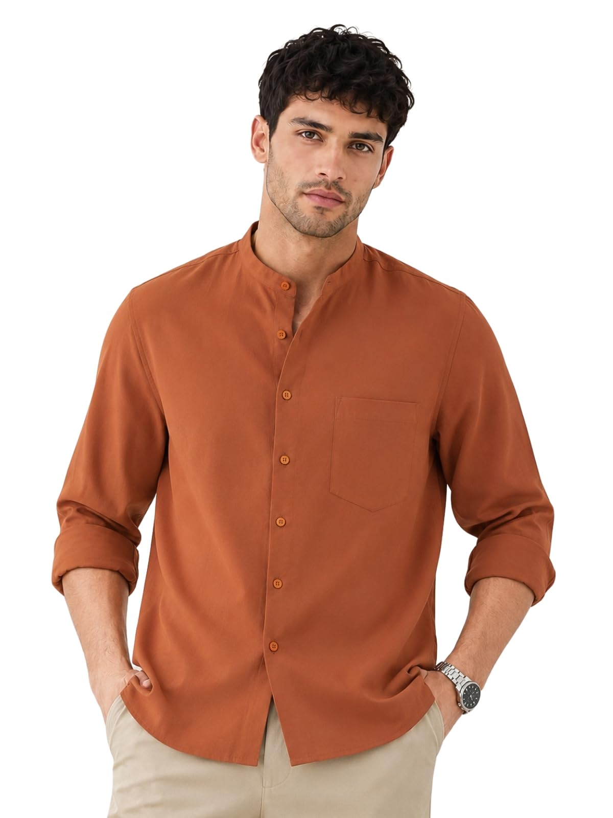 veirdo Men's Stylish Solid Casual Shirt | Chinese Collar Pure Cotton | Available in Black, Brown, Rust, Olive, White & Navy | Sizes S to XXL-picture-23