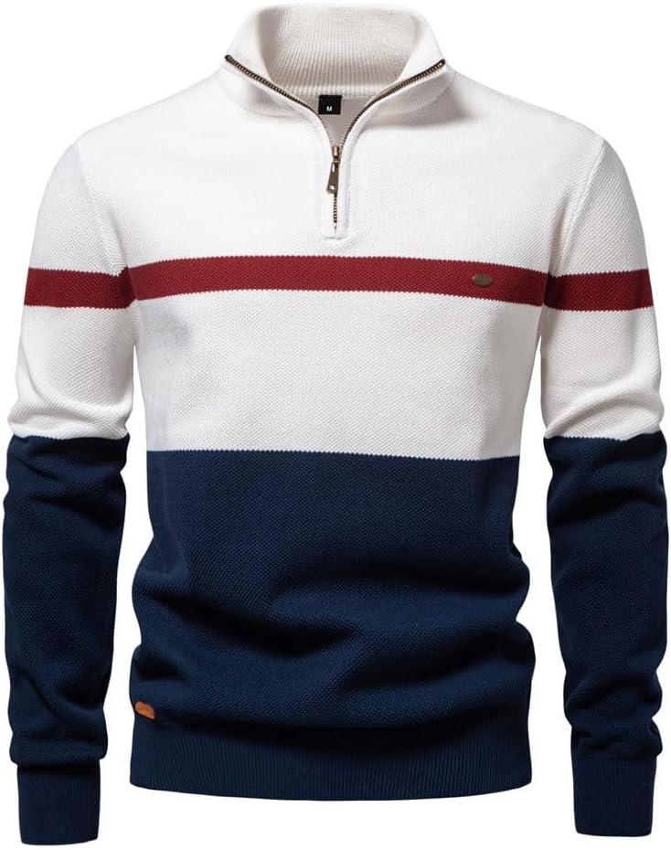 Men's Stand Up Collar Sweater Half Zipper Color Blocked Knit Sweaters Men Clothing