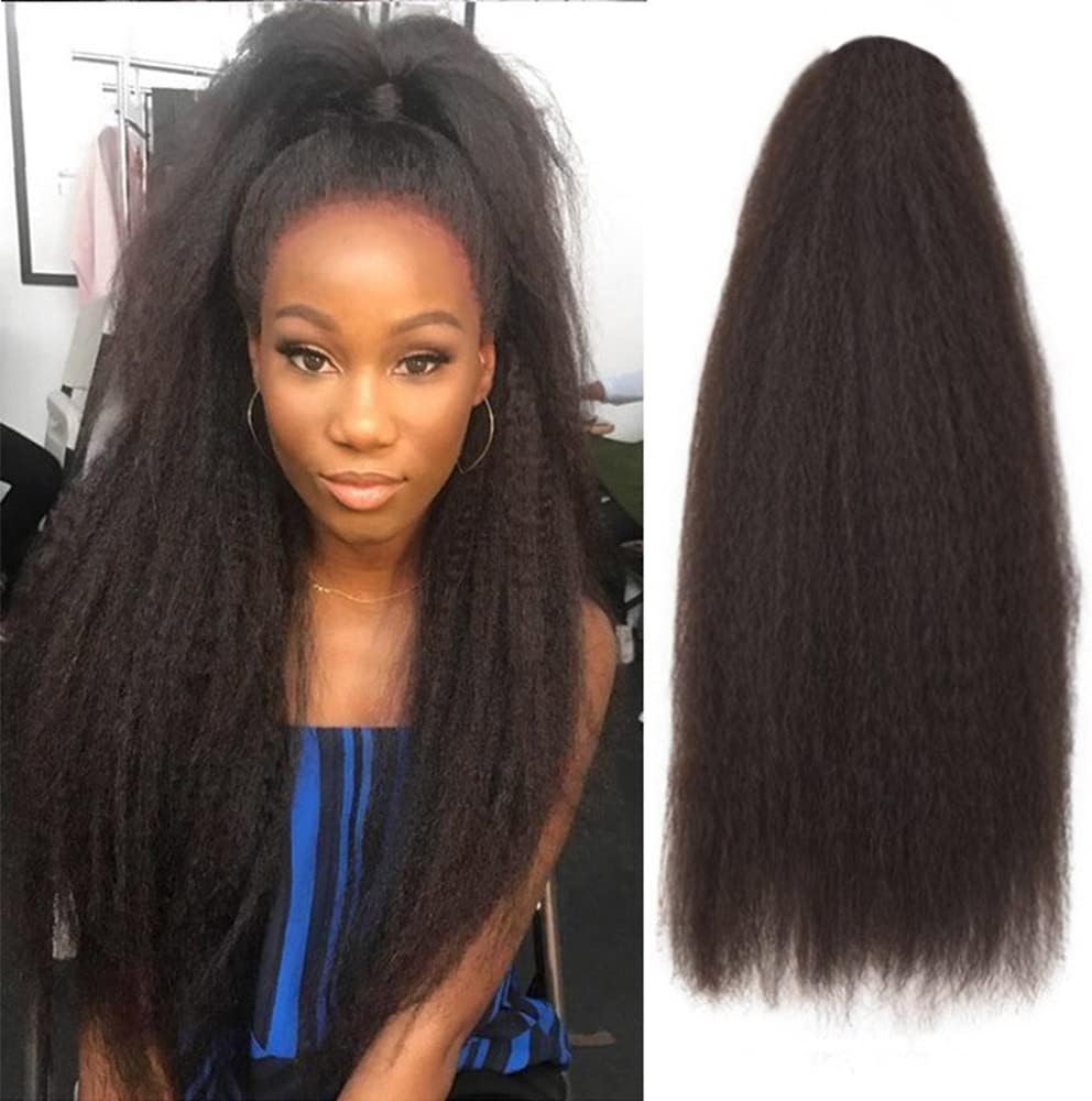 Natural Long Kinky Srtaight Drawstring Ponytail Extension for Black Women, Yaki Curly Hair 24 Inch Clip in Ponytail Extension (Natural Black 2#)