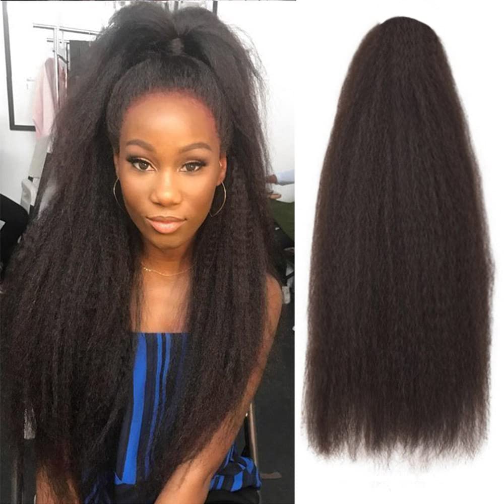 Natural Long Kinky Srtaight Drawstring Ponytail Extension for Black Women, Yaki Curly Hair 24 Inch Clip in Ponytail Extension (Natural Black 2#)