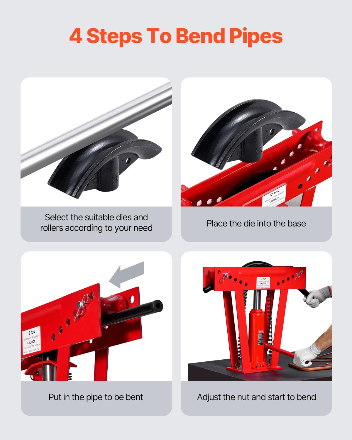 VEVOR Piegatubi Idraulico Piegatubi per Tubi Scarico in Rame 12 Tonnellate 6 Matrici (1/2'', 3/4'', 1'', 1-1/4'', 1-1/2'', 2''), Rulli Regolabili da 90° a 180° per Tubi in Metallo, Piegatubi Manuale