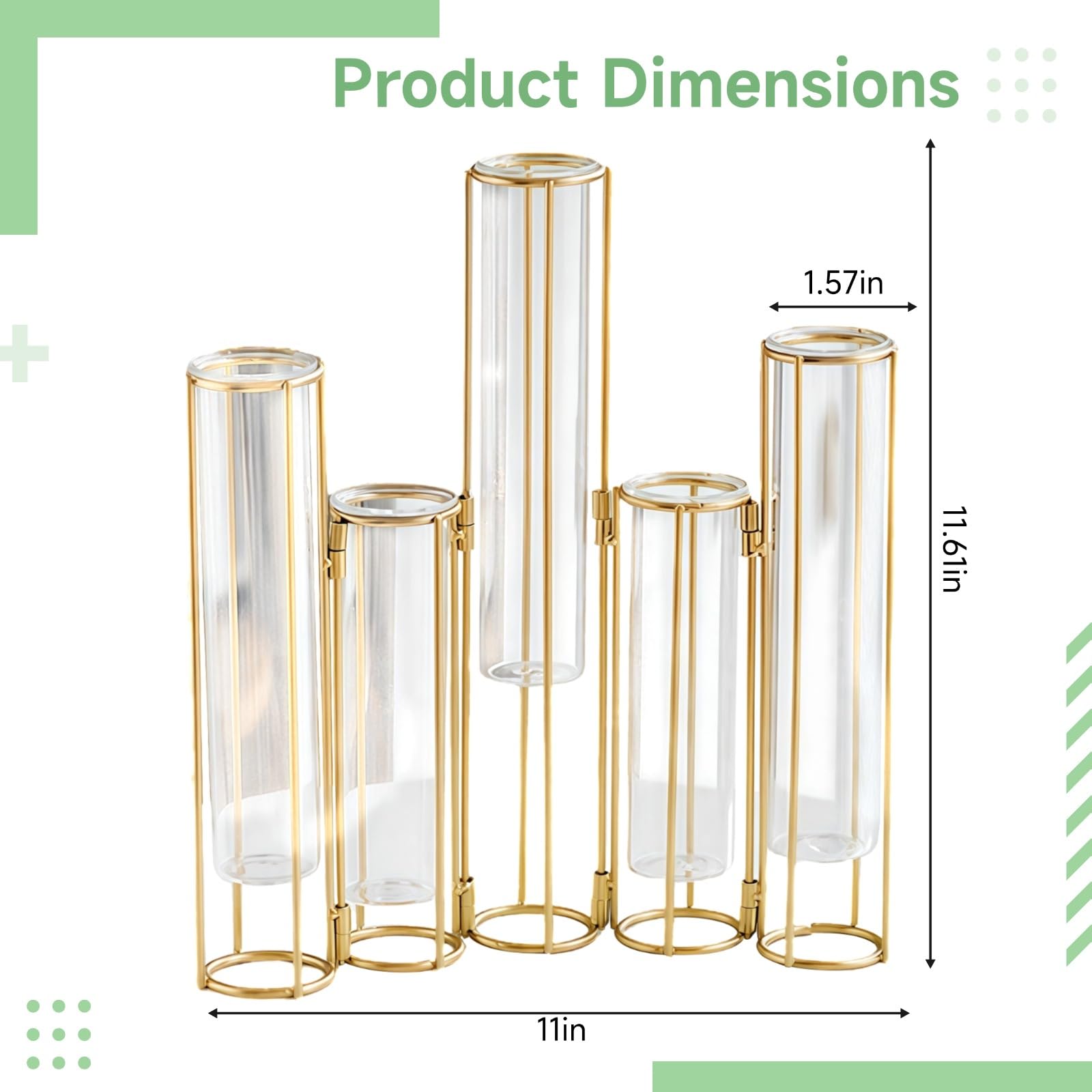 Vases en Tubes à essai de Style européen Moderne en métal doré pour Fleurs, Vase de Propagation Suspendu à 5 Positions avec Cadre en Fer Pliable, pour décoration de Maison et Balcon