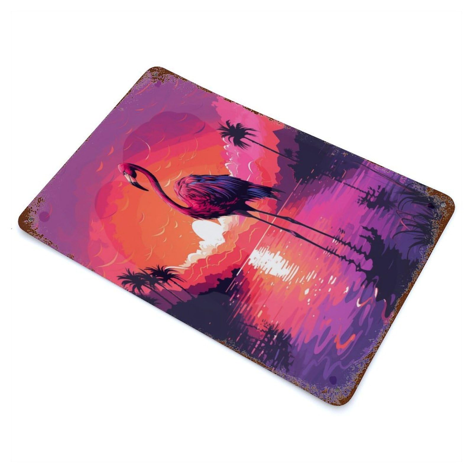 Rustic Tin Plaque with Flamingo in Lake Design 11.8"x7.9", for Cafe, Home Bar And Lounge Decor, Industrial Home Decor