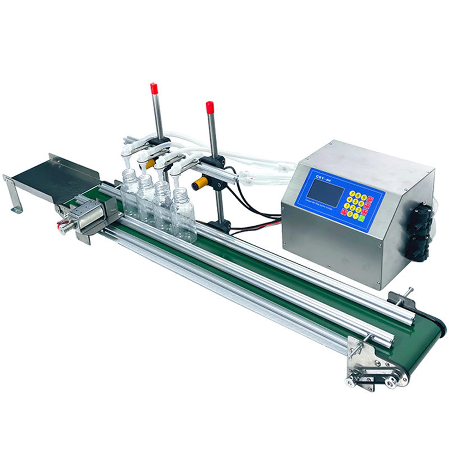 Machine de remplissage de liquide automatique, machine de remplissage à bande transporteuse à 4 têtes, plage de remplissage 10 à 500 ml, hauteur de remplissage réglable de 4 à 25 cm, P