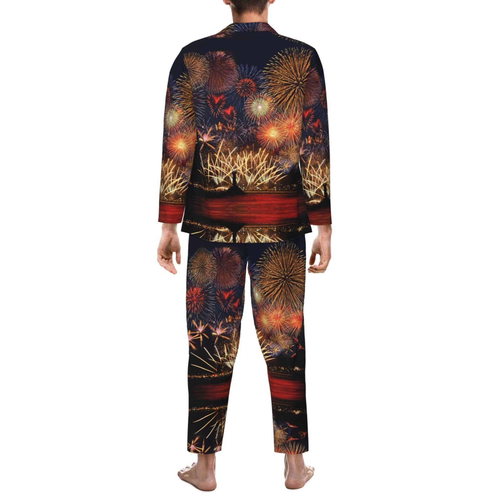 Conjunto de pijama con estampado de fuegos artificiales para hombre, pijama suave de manga larga con botones y bolsillos