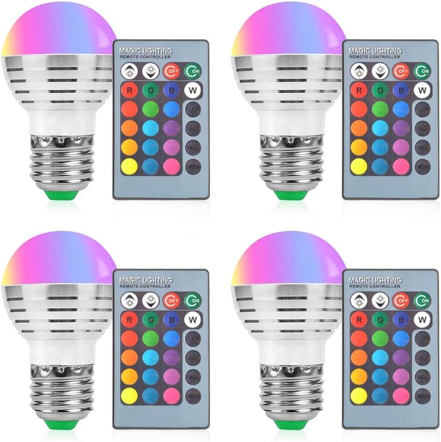 Aifulo LED Color Changing Light Bulb, 4 Pack 3W Dimmable RGB Light Bulbs, E27 E26 Screw Base RGBW 16 Color with IR Remote Control for Home Bar Party KTV Stage Mood Ambiance Lighting