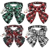 SilTriangle 4 Pcs Christmas Cat Collars with Stylish Bow Christmas Red Green Black Plaid Xmas Kitten Collar with Bell Removable Bowtie Xmas Collar for Kitten
