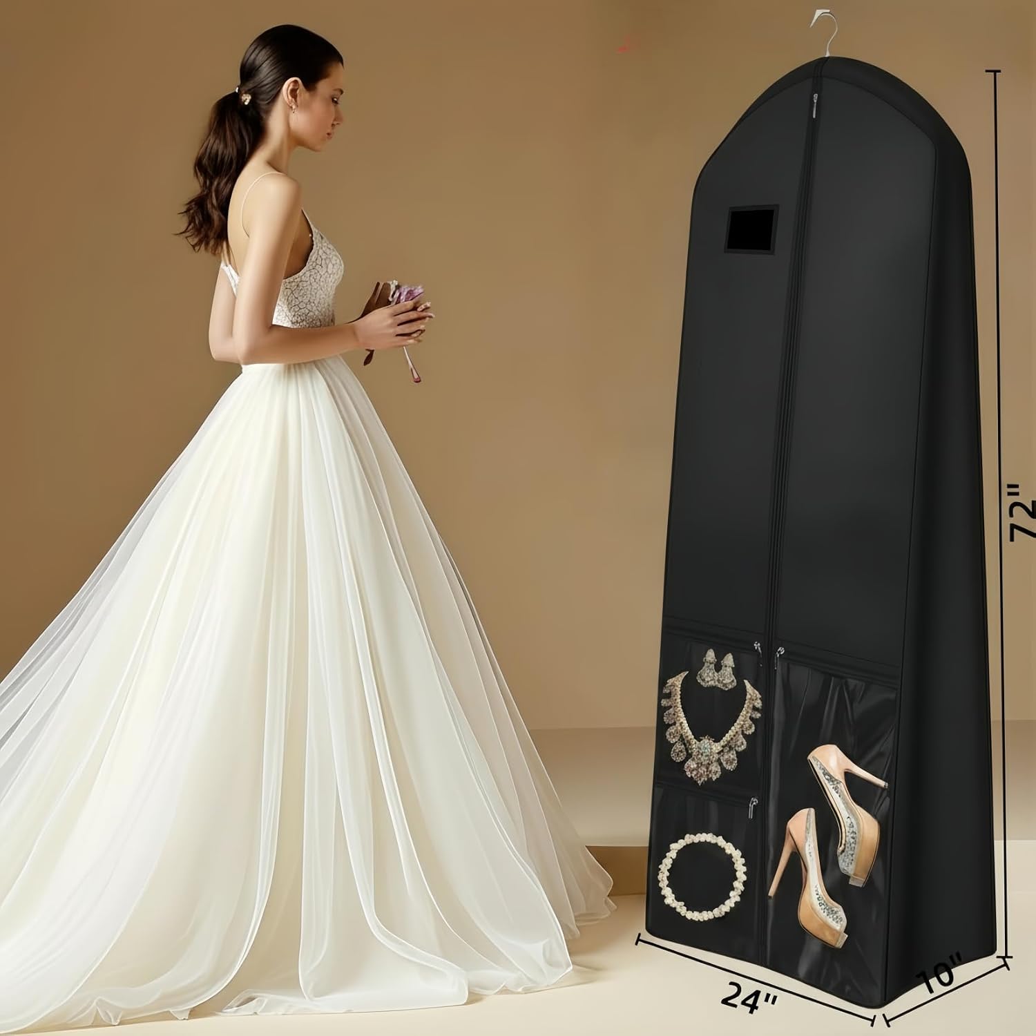 72" Long Wedding Dress Garment Bag with 10" Gusset, Bridal Gown Storage Cover with 4 Pockets, Dress Bag for Women Gowns,Prom,Ballgowns, (Black and Clear)