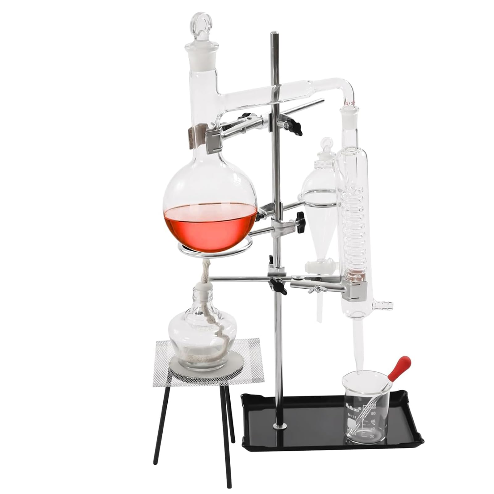 NGARY Zestaw do destylacji 500 ml, urządzenie do destylacji szkła laboratoryjnego z lampą alkoholową, pogrubionym kolbą, sitkiem ceramicznym i chłodnicą serpentynową do nauk przyrodniczych w domu