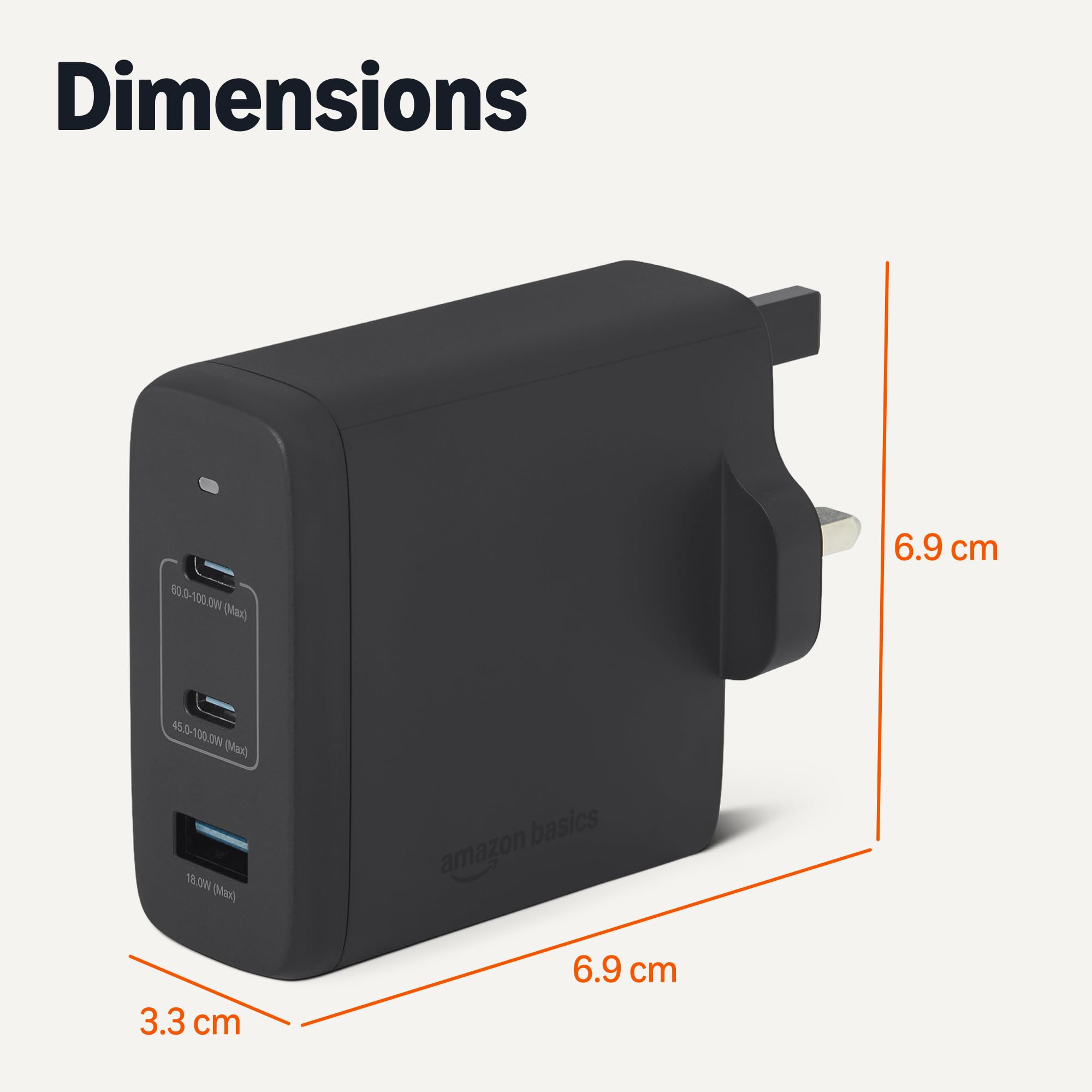 Amazon Basics Fast Charging USB C Nano GaN Wall Charger, 120W 3-Port for Laptops Tablets Phones, Black — view 5