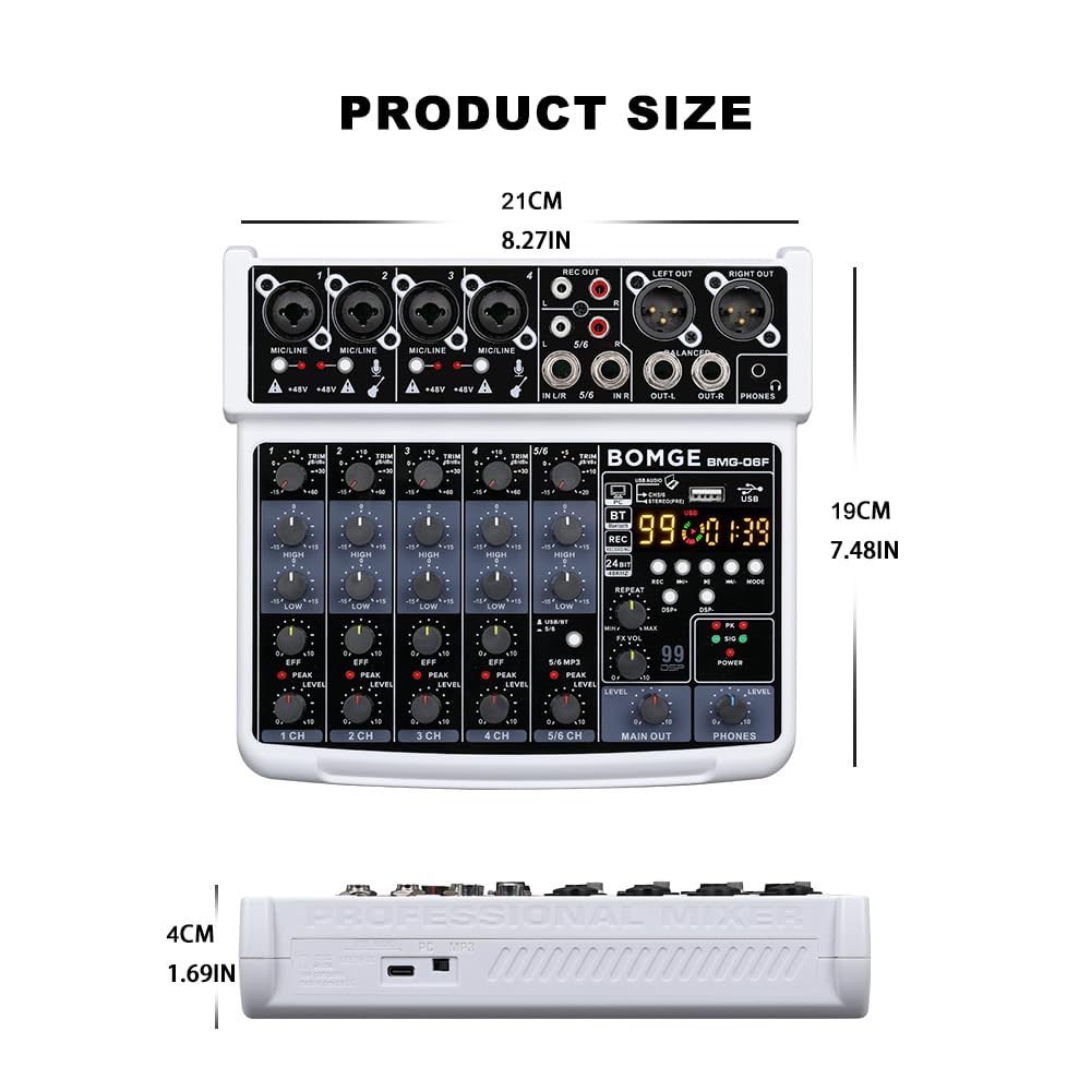 BOMGE Mini console de mixage audio DJ 6 canaux avec interface USB, Bluetooth, enregistrement stéréo, alimentation fantôme 48 V, 24 effets DSP pour karaoké, chant, direct, streaming, recroding PC