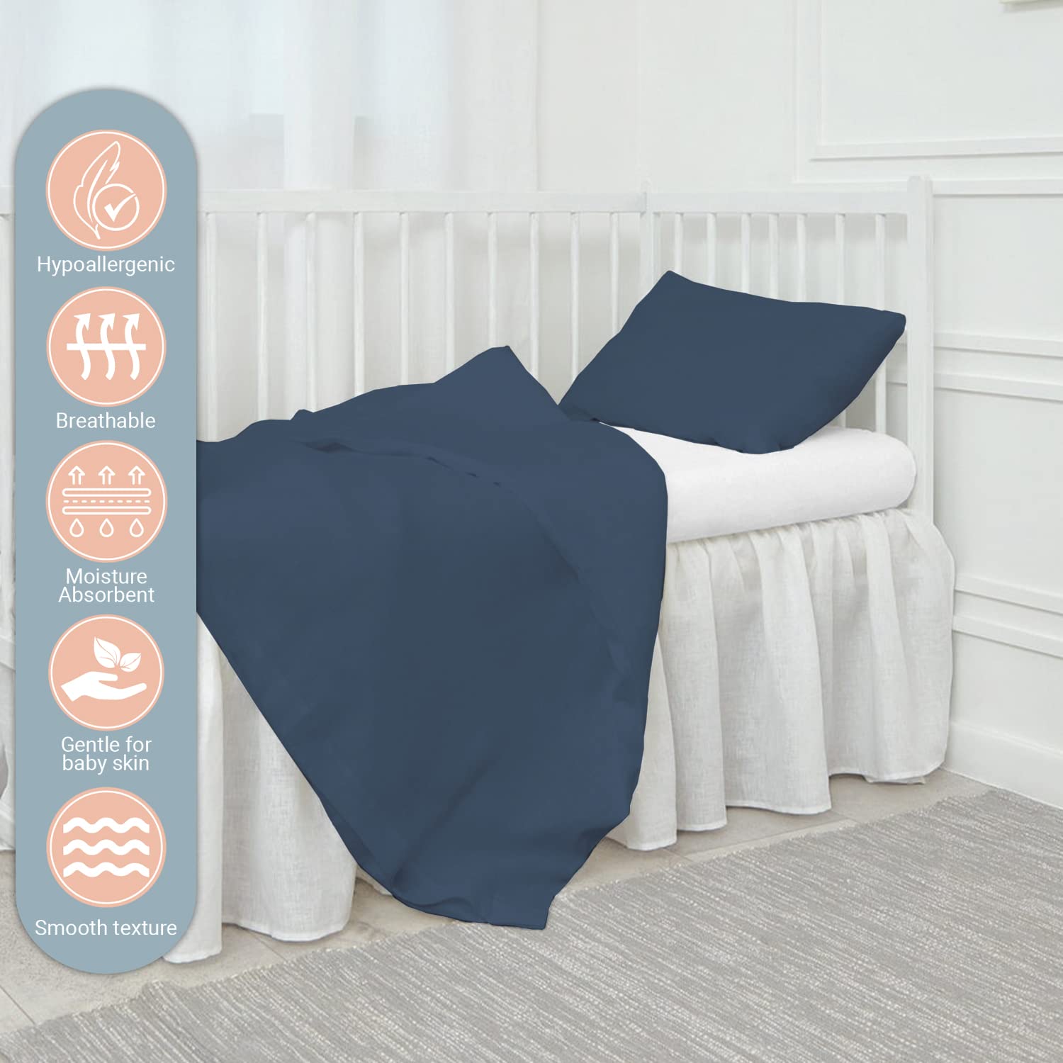Pizuna 100% Cotton Crib Duvet Cover Dark Blue, 400 Thread Count Long Staple Cotton Duvet Cover 100x135 cm - Image 2