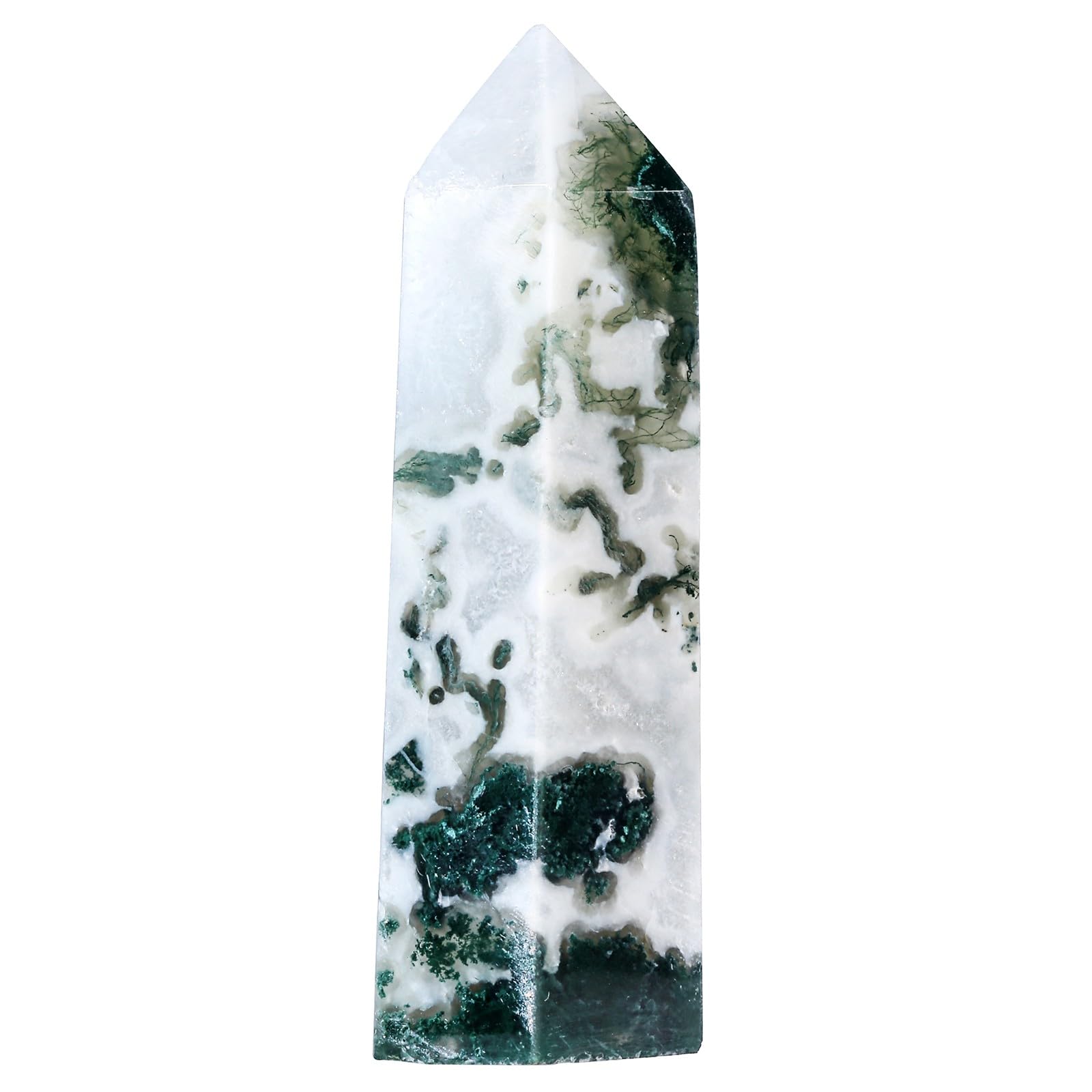 mookaitedecor Natural Moss Agate Crystal Wand for Healing, Hexagonal Crystal Points 6 Faceted Tower for Home Decor, 3.1-4.1 Inch