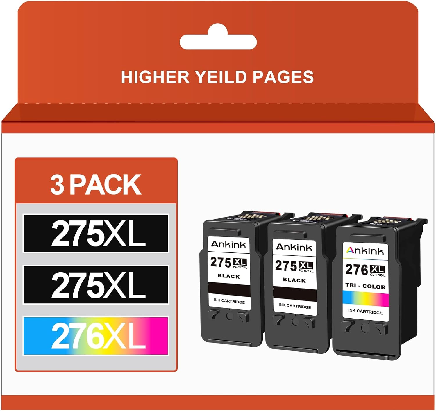 Ankink Compatible Ink Cartridge Replacement for Canon 275XL 276XL PG-275 CL-276 XL PG275XL CL276XL PG275 CL276 XL (2 Black & 1 Color, 3-Pack) for TS3522 TR4720 TR4700 TR4722 TS3500 TS3520 Printer.