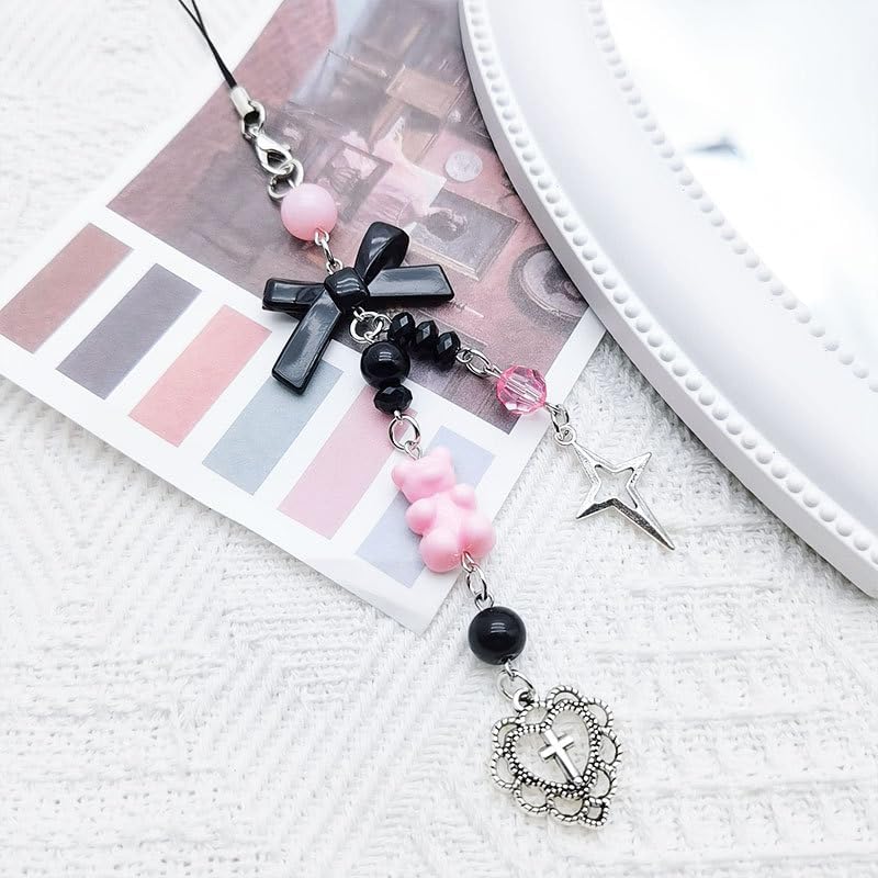 Meefisher Colgante de cruz gótica vintage Y2K para teléfono, accesorios estéticos, alas de corazón, mariposa, cordón para bolso, mochila, cartera, Airpods colgantes, decoración, Acero aleado Resina