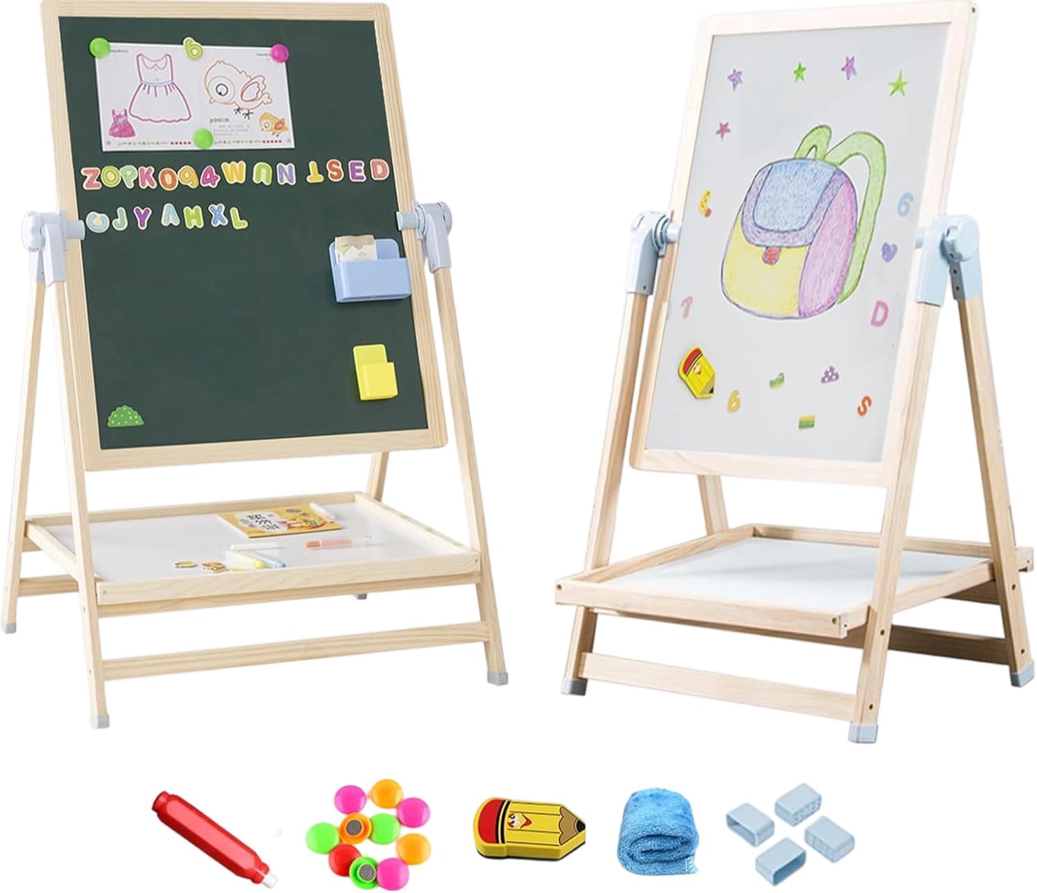 Adena Montessori Art Easel for Kids, 2 in 1 Adjustable Wooden Standing Art Easel & Toys Table Montessori Learning Furniture for 3-8 Years Old Children