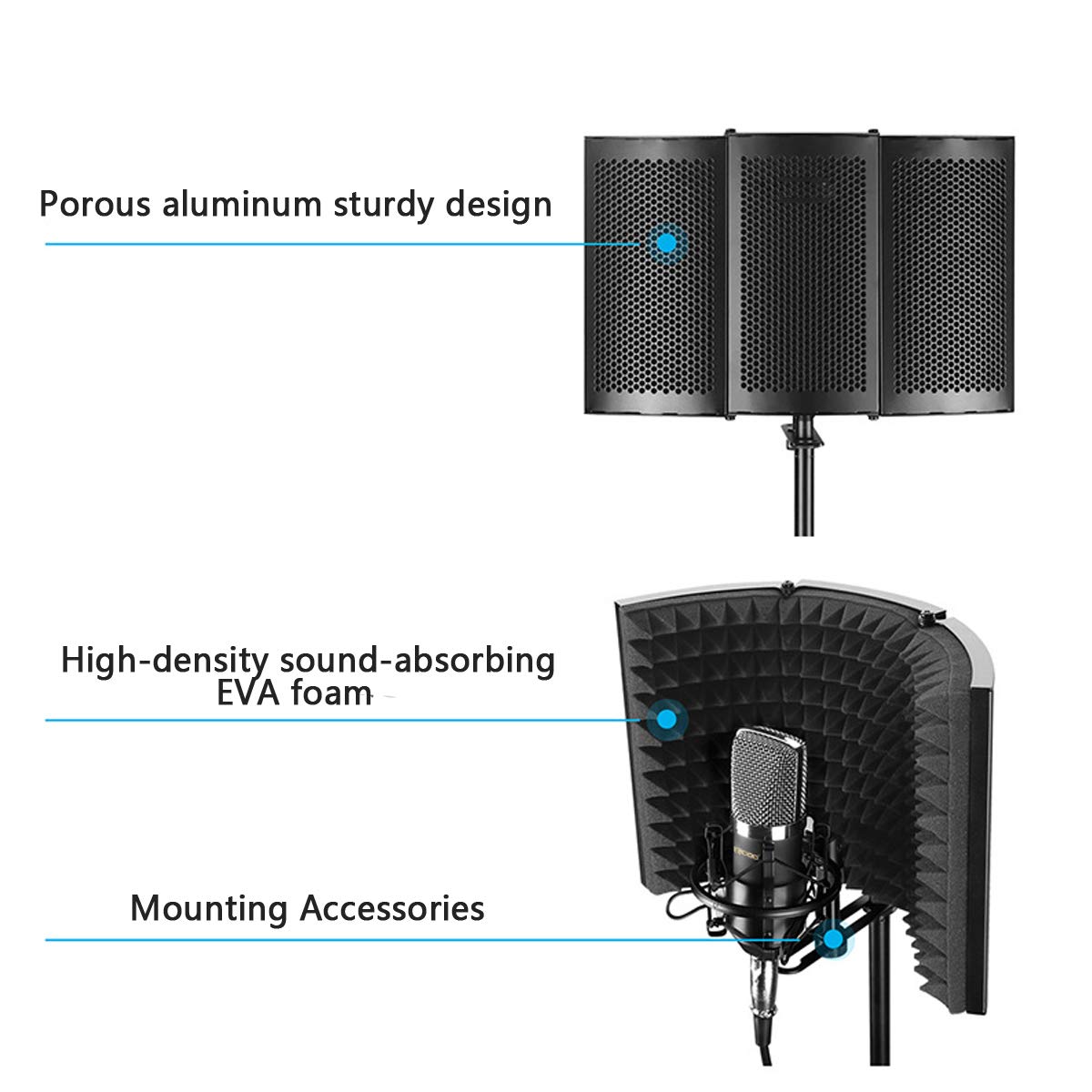 Professional Studio Recording Microphone Isolation Shield, Pop Filter,High density absorbent foam is used to filter vocal. Suitable for Blue Yeti and other condenser microphones (AO-504 With Stand