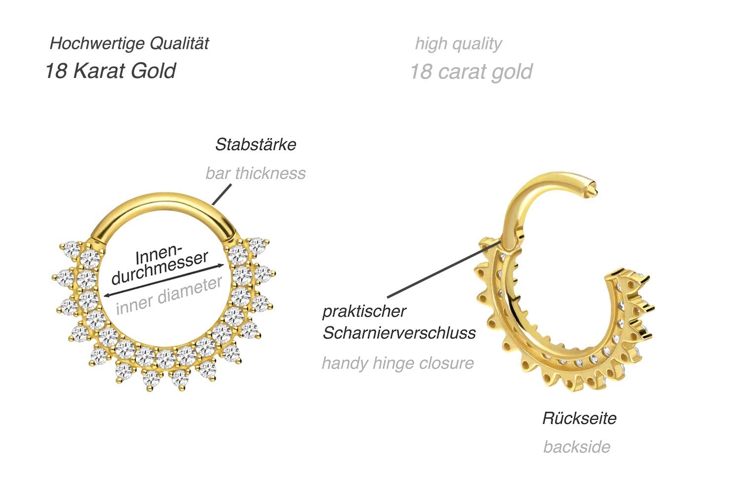 PIERCINGLINE 750er Gold Segmentring Clicker | 18 KARAT | EINGEFASSTE KRISTALLE mit SPITZEN | Piercing Ring Nase Septum Ohr Helix | Farbauswahl