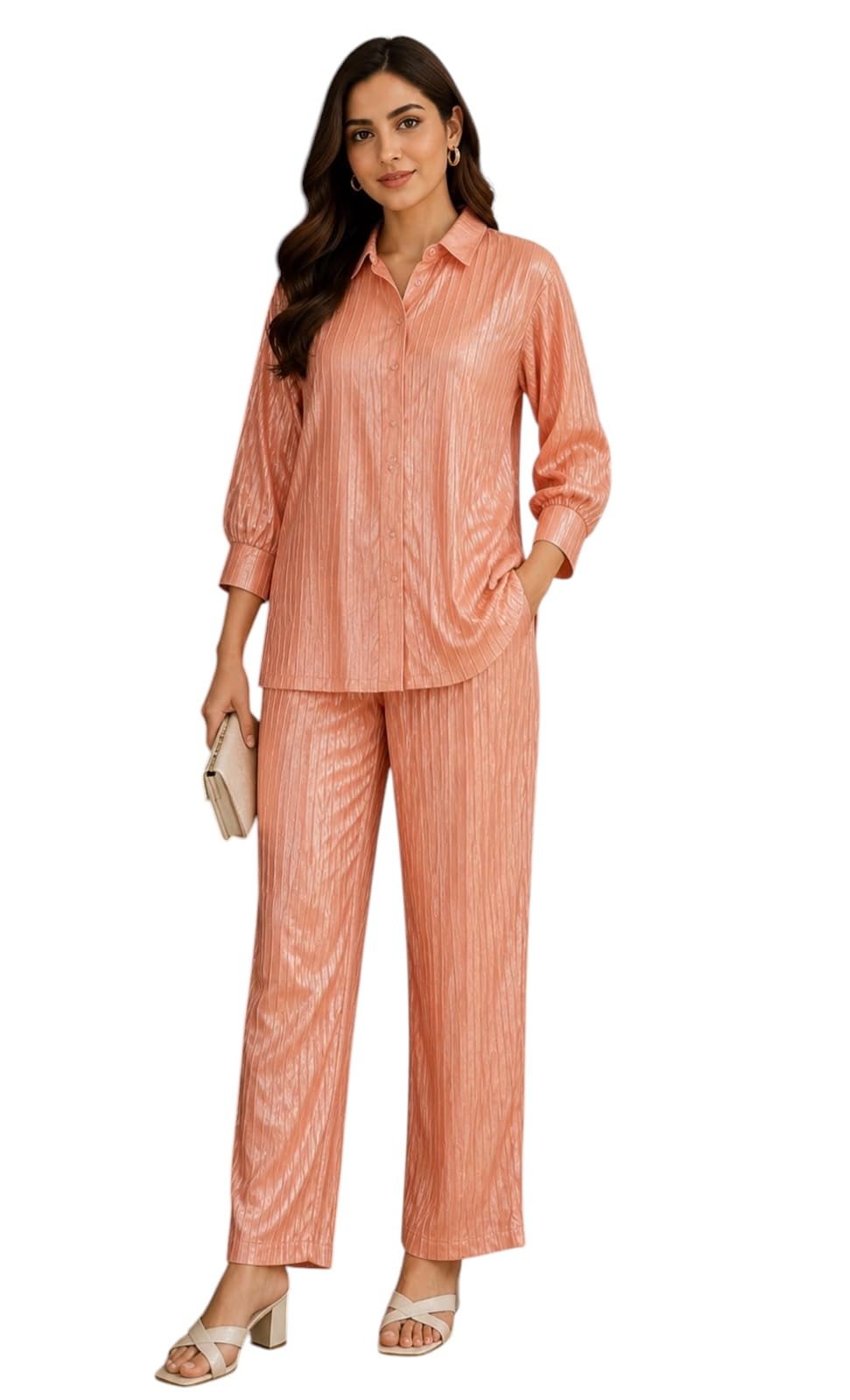 Pleated Lycra Co-ord Set, Peach Shirt and Pant, 3/4 Sleeves-image-24