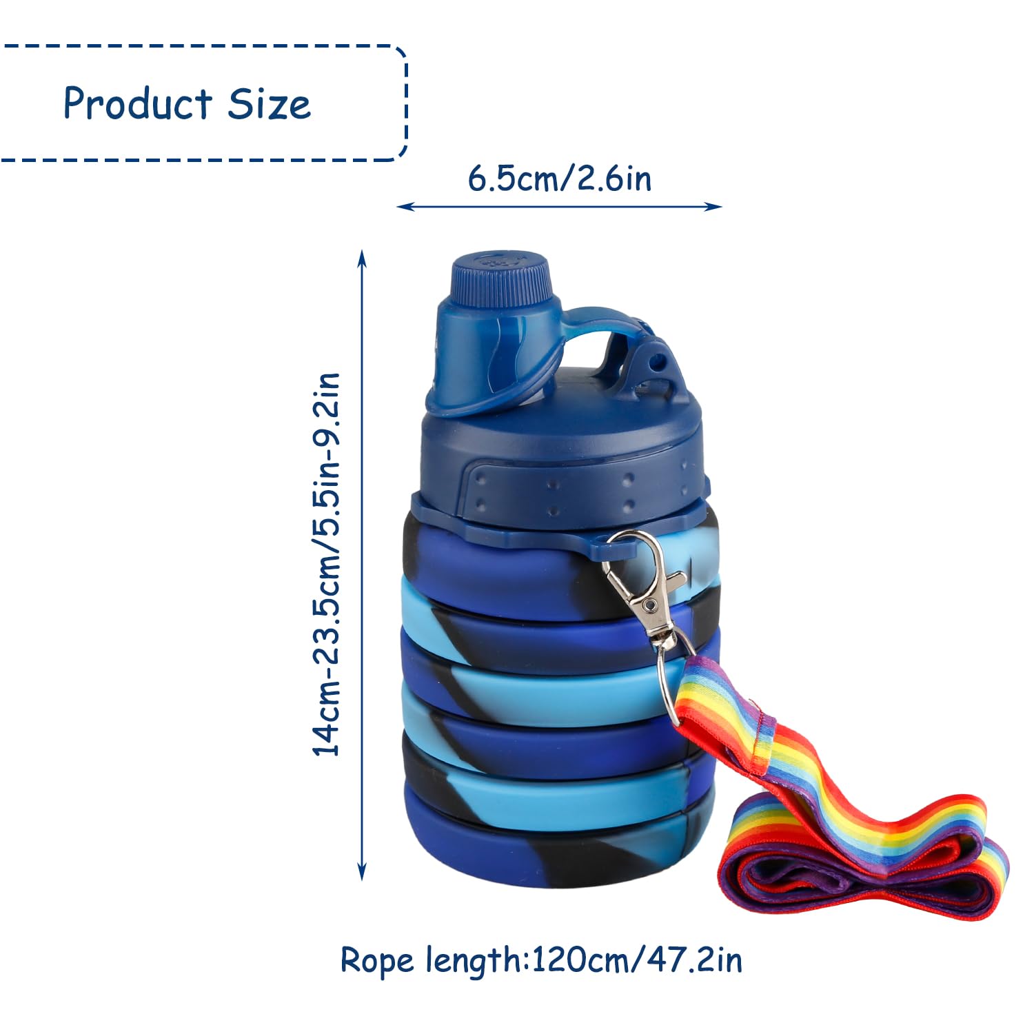 Rumyve 500ml Collapsible Silicone Water Bottle,Portable Leak Proof Water Bottles with Lanyard Straps,Octdoor Accessories for Kids Girls Boys Sports Hiking Trip Camping(Camouflage blue) - Image 2