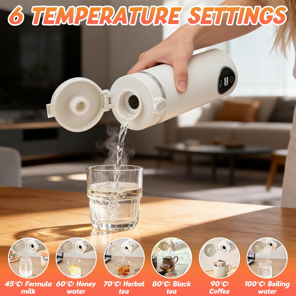 Mini Bouilloire Electrique, 500ML Petite Bouilloire électrique,300W Bouilloire USB, 6 Temperatures Mini Bouilloire Portable Arrêt Automatique, Chauffe Eau Portable pour Café Lait Thé Voiture