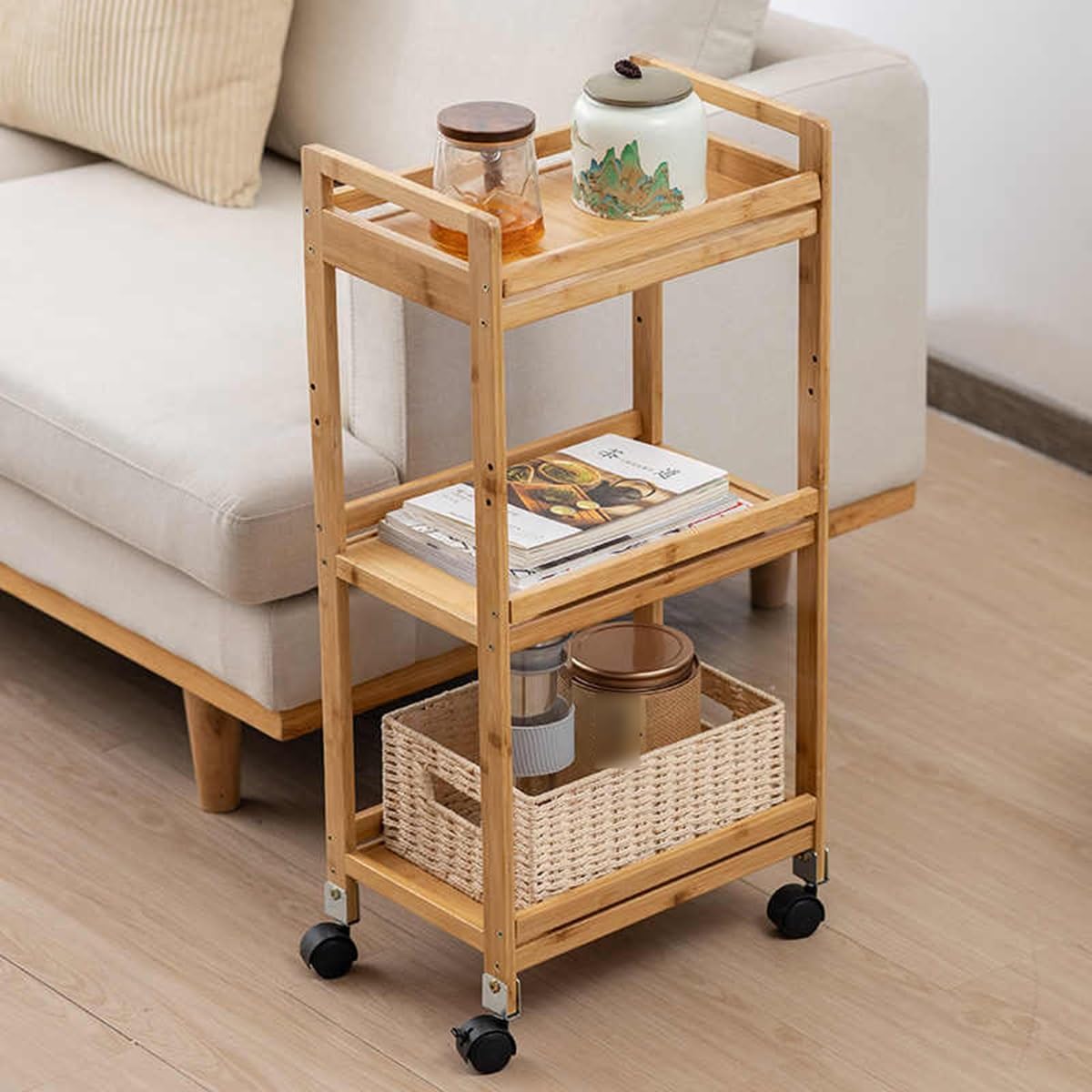 Carrito de cocina con ruedas de 3 niveles, carrito delgado que ahorra espacio con asa, organizador de estantería de madera para espacios pequeños, 81 cm