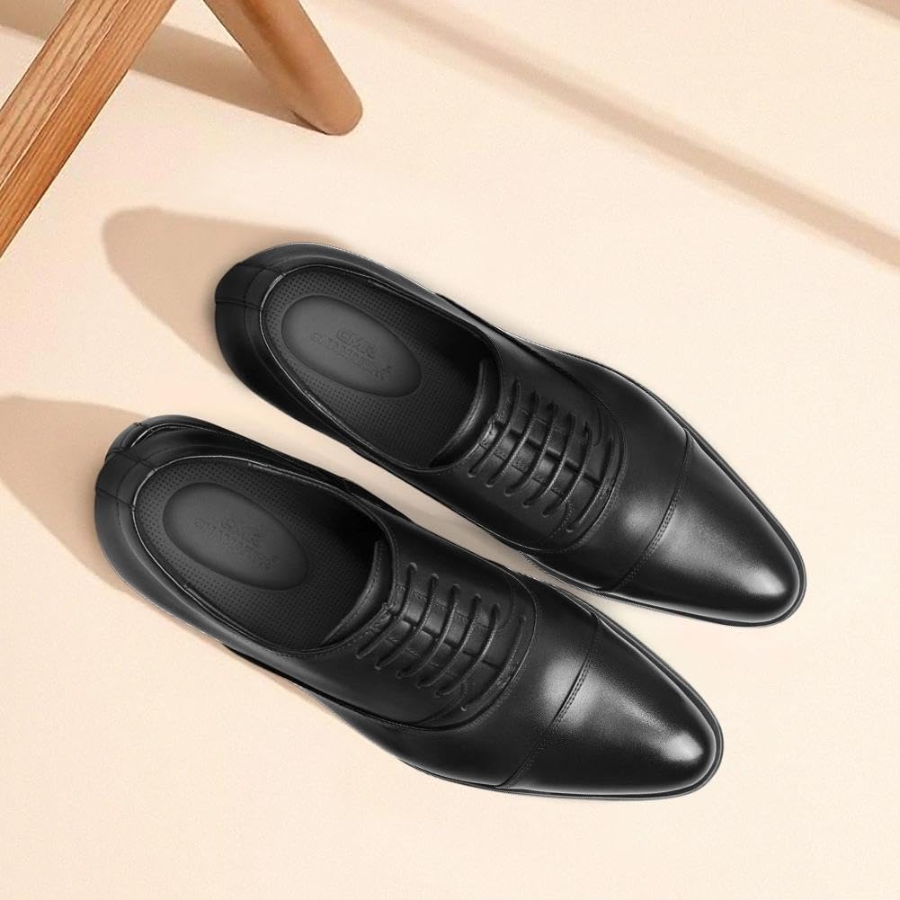 CHAMARIPA Herren Oxford-Geschäftsschuhe mit 7 cm unsichtbarer Innenerhöhung | Schwarze Schnür-Steigerschuhe aus Echtleder – klassische Geschäftsschuhe für Büro, Hochzeiten und den Alltag